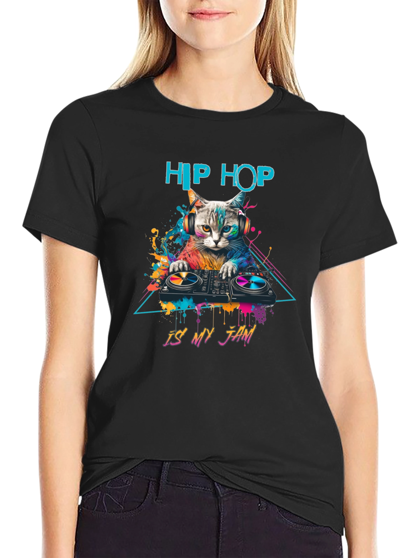 Black Hip Hop Cat DJ T-Shirt - Is My Jam view 2