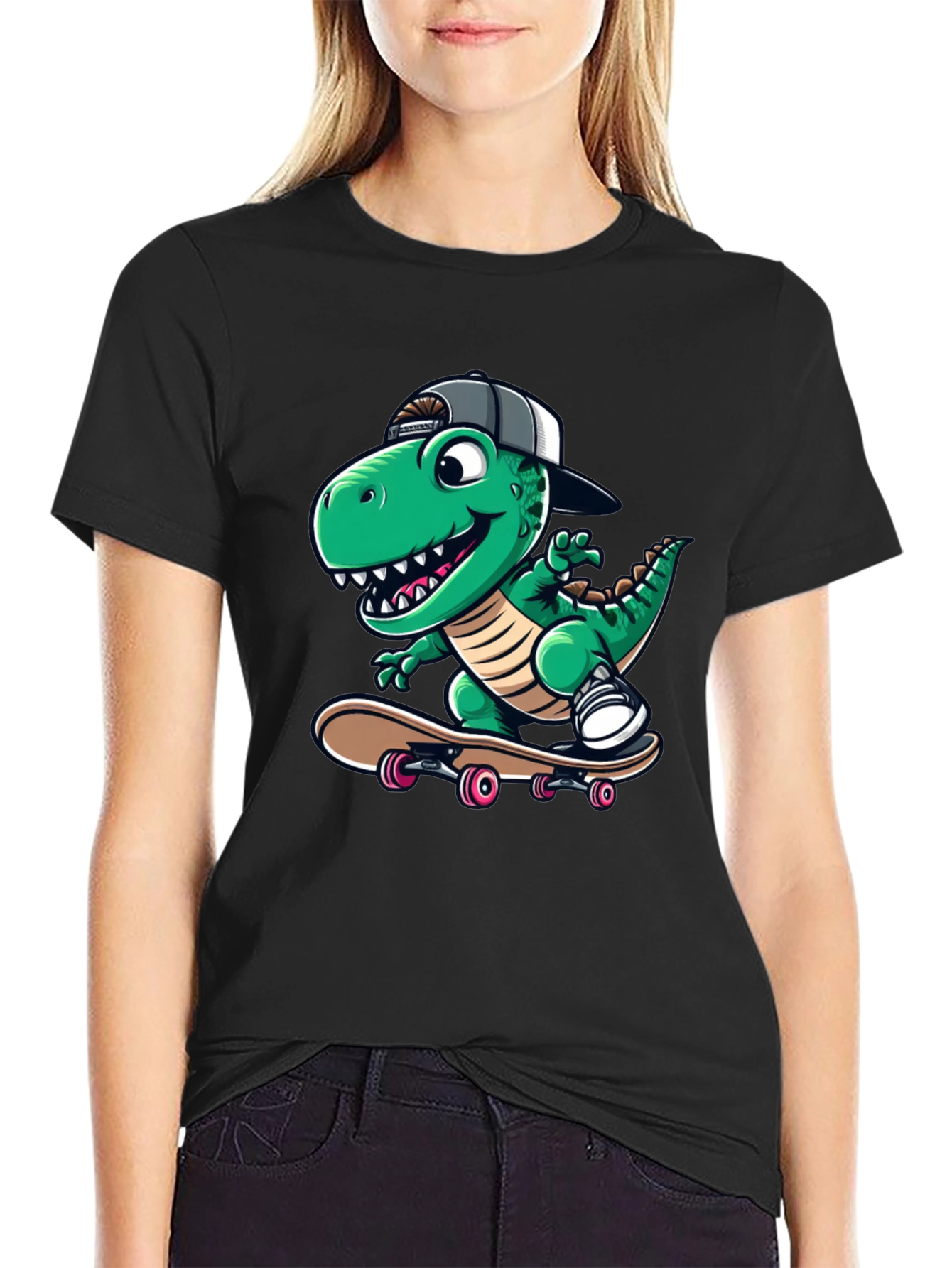 Black Cool Dinosaur Skateboarder T-Shirt view 2