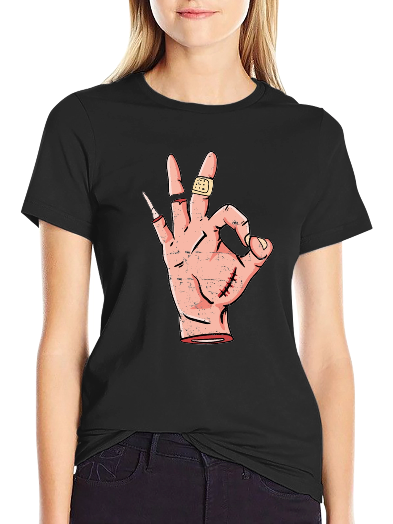 Black Funny OK Hand Sign Graphic Tee - Black Cotton T-Shirt view 2