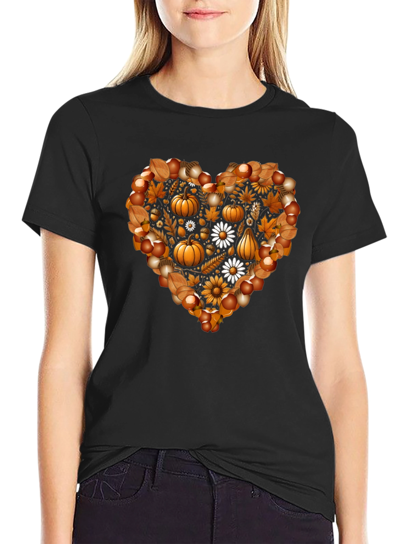 Black Fall Heart T-Shirt - Pumpkin & Floral Design view 2