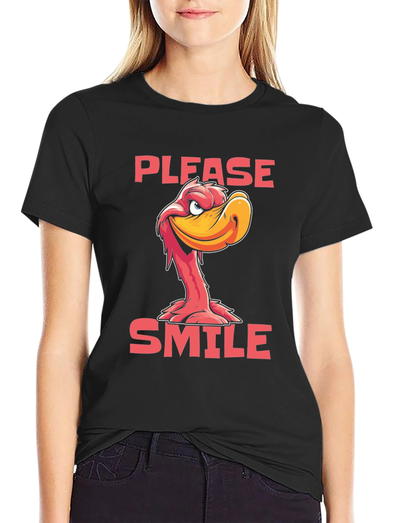Black Please Smile Cartoon Duck Graphic Tee view 2