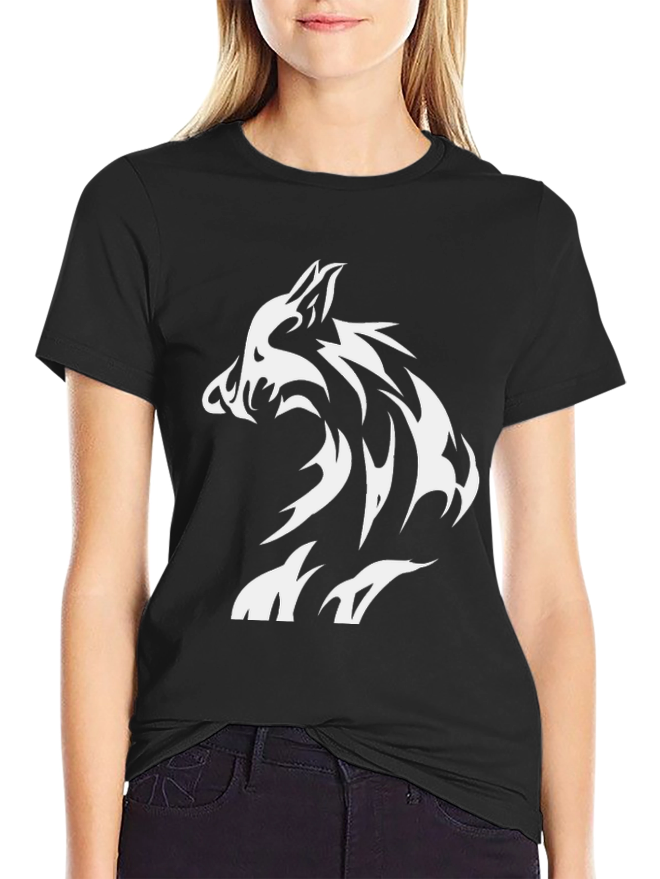 Black Men's Black Wolf Graphic Tee - Cool Tribal Design view 2