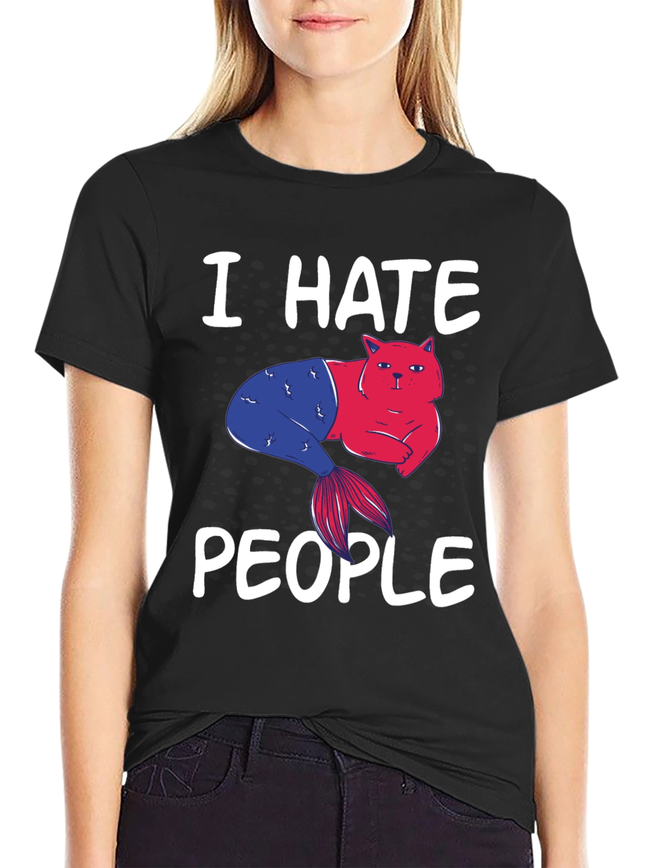 Black I Hate People Cat Mermaid Graphic Tee view 2