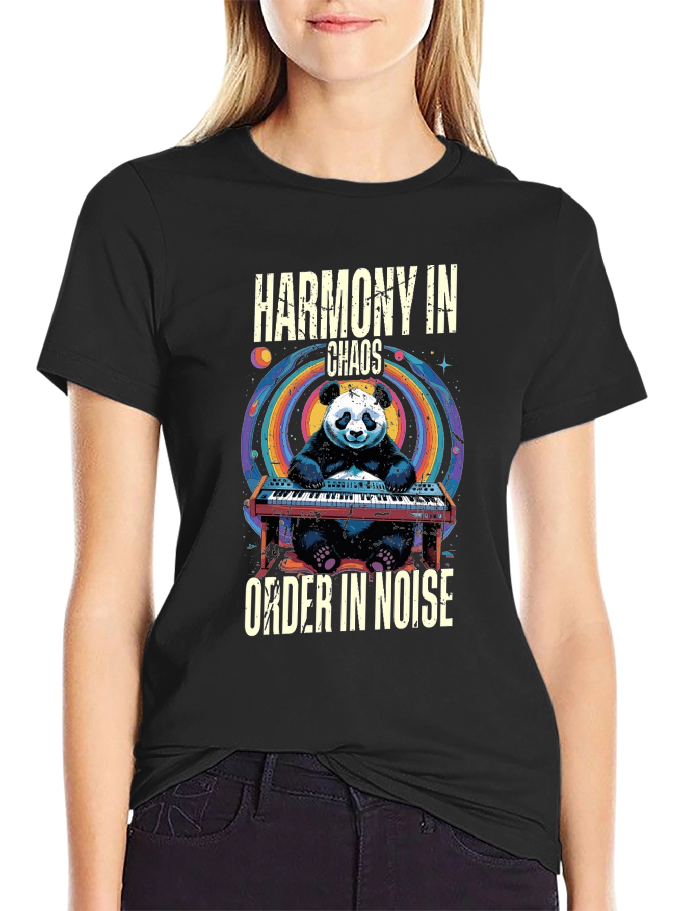 Black Harmony in Chaos T-Shirt - Panda Musician view 2