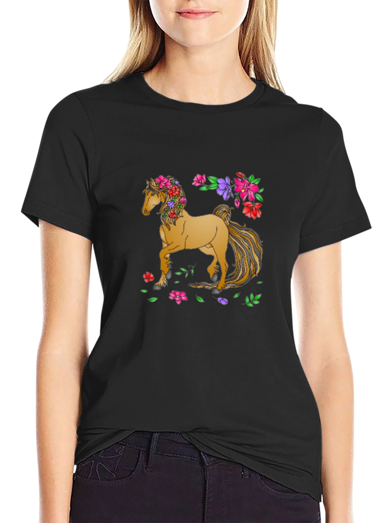 Black Floral Horse T-Shirt - Artistic Graphic Tee view 2
