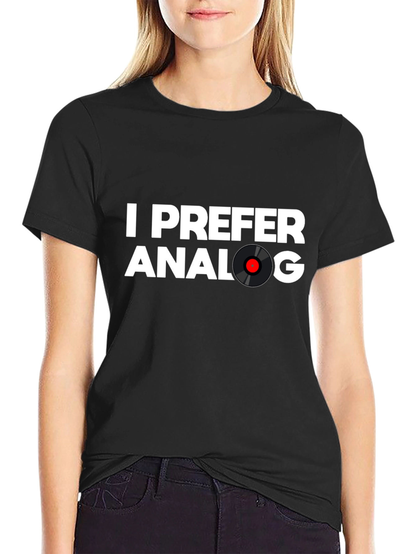 Black I Prefer Analog Vinyl Record T-Shirt - Black view 2