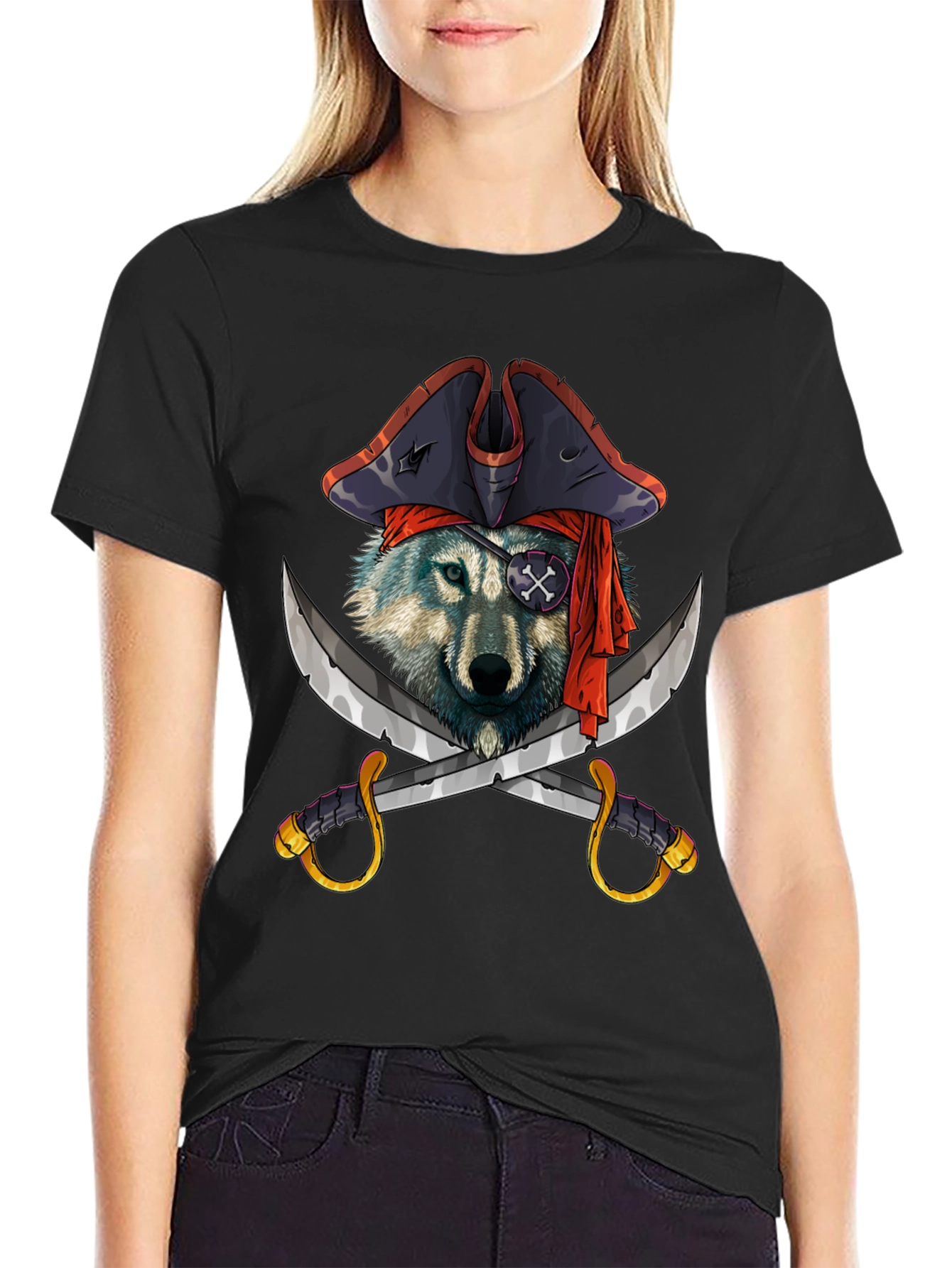 Black Pirate Wolf Graphic T-Shirt - Black Cotton Tee view 2
