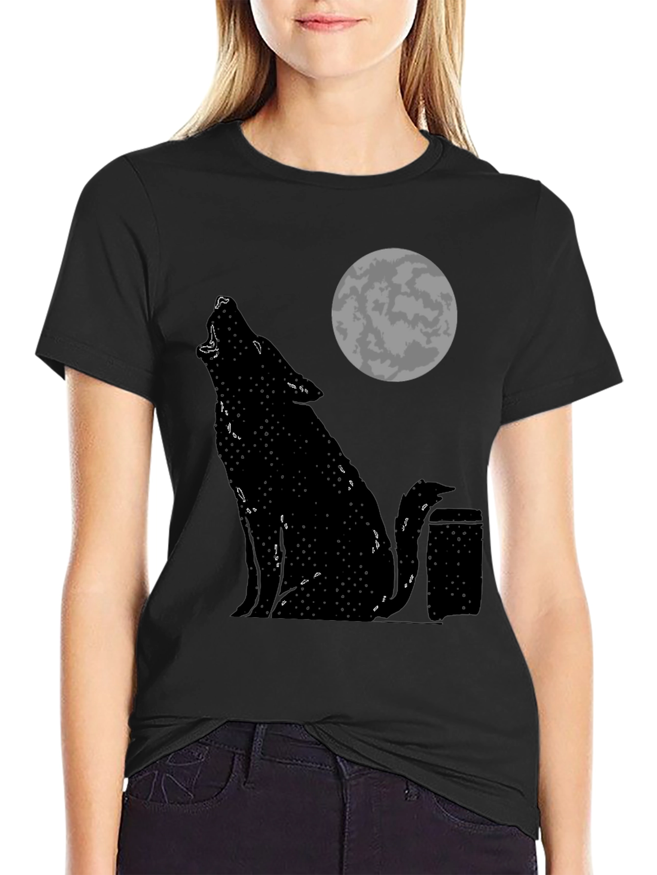 Black Wolf Howling at Moon Graphic Tee - Black Cotton T-Shirt view 2