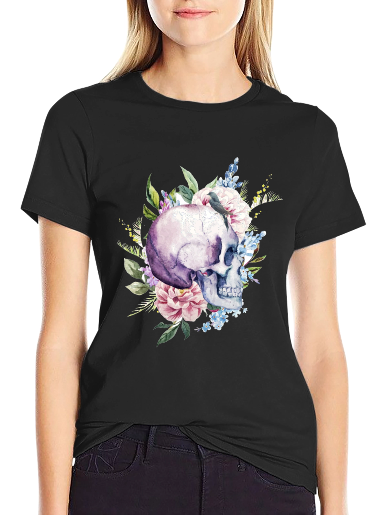 Black Floral Skull Graphic T-Shirt - Men's view 2