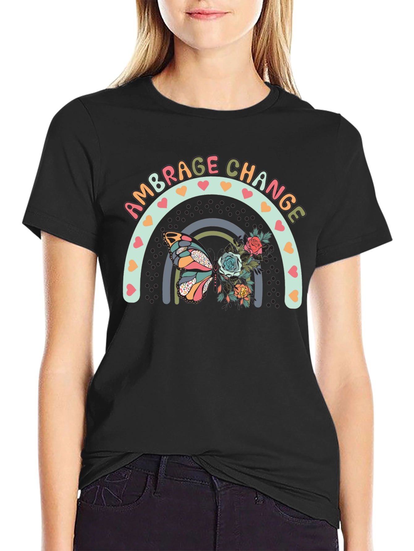 Black Embrace Change Butterfly Rainbow Graphic Tee view 2