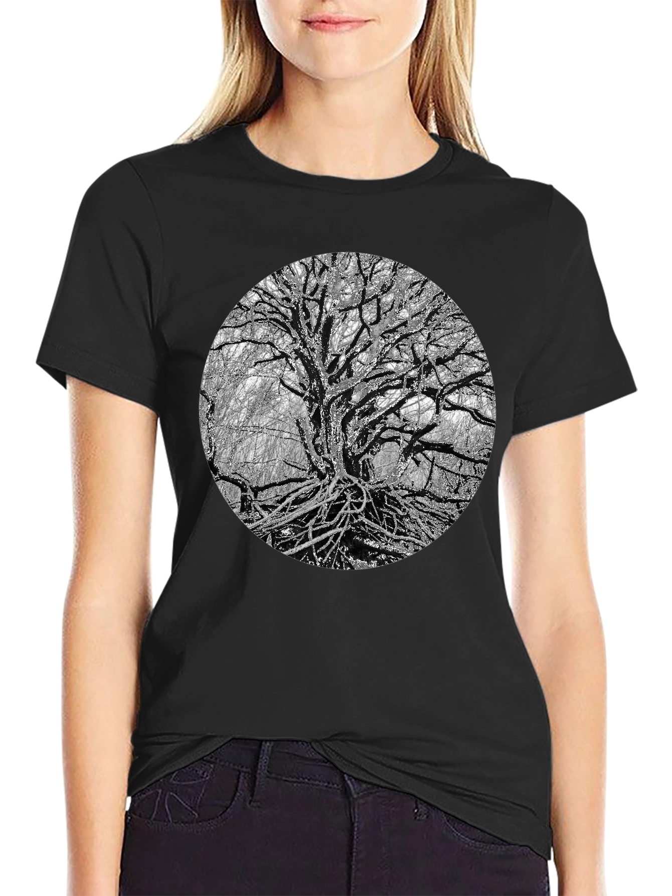 Black Monochrome Tree Graphic Tee - Nature Inspired Print view 2