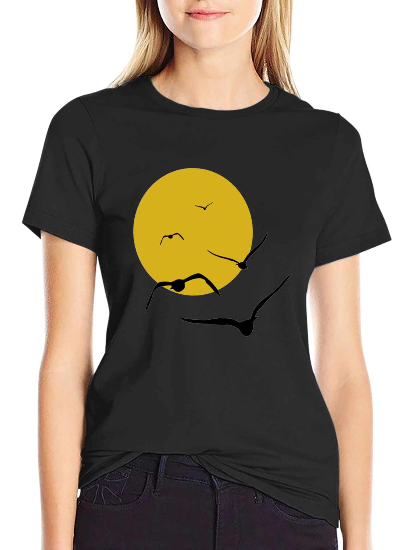 Black Black T-Shirt with Sun & Birds Graphic view 2