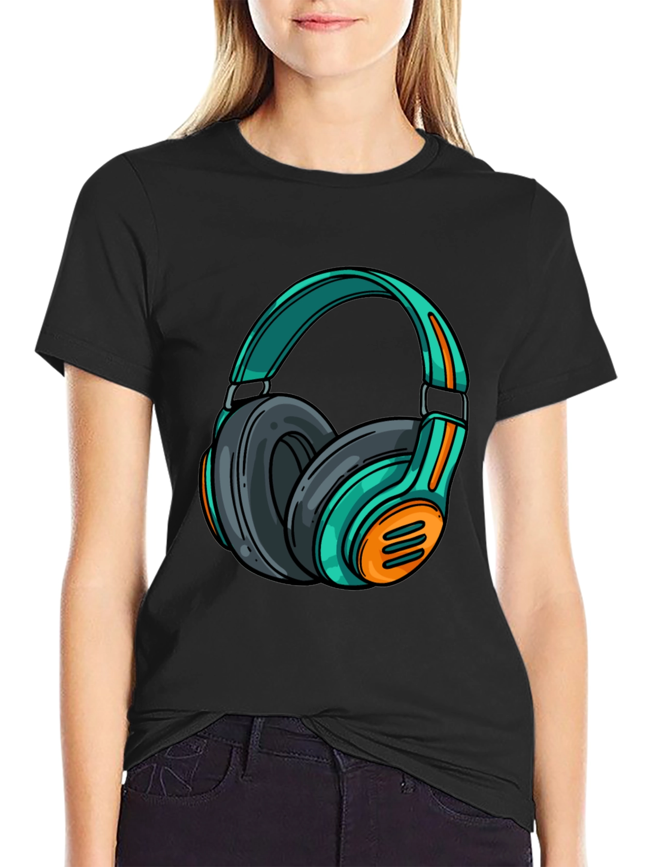 Black Stylish Black T-Shirt with Cool Headphone Graphic view 2