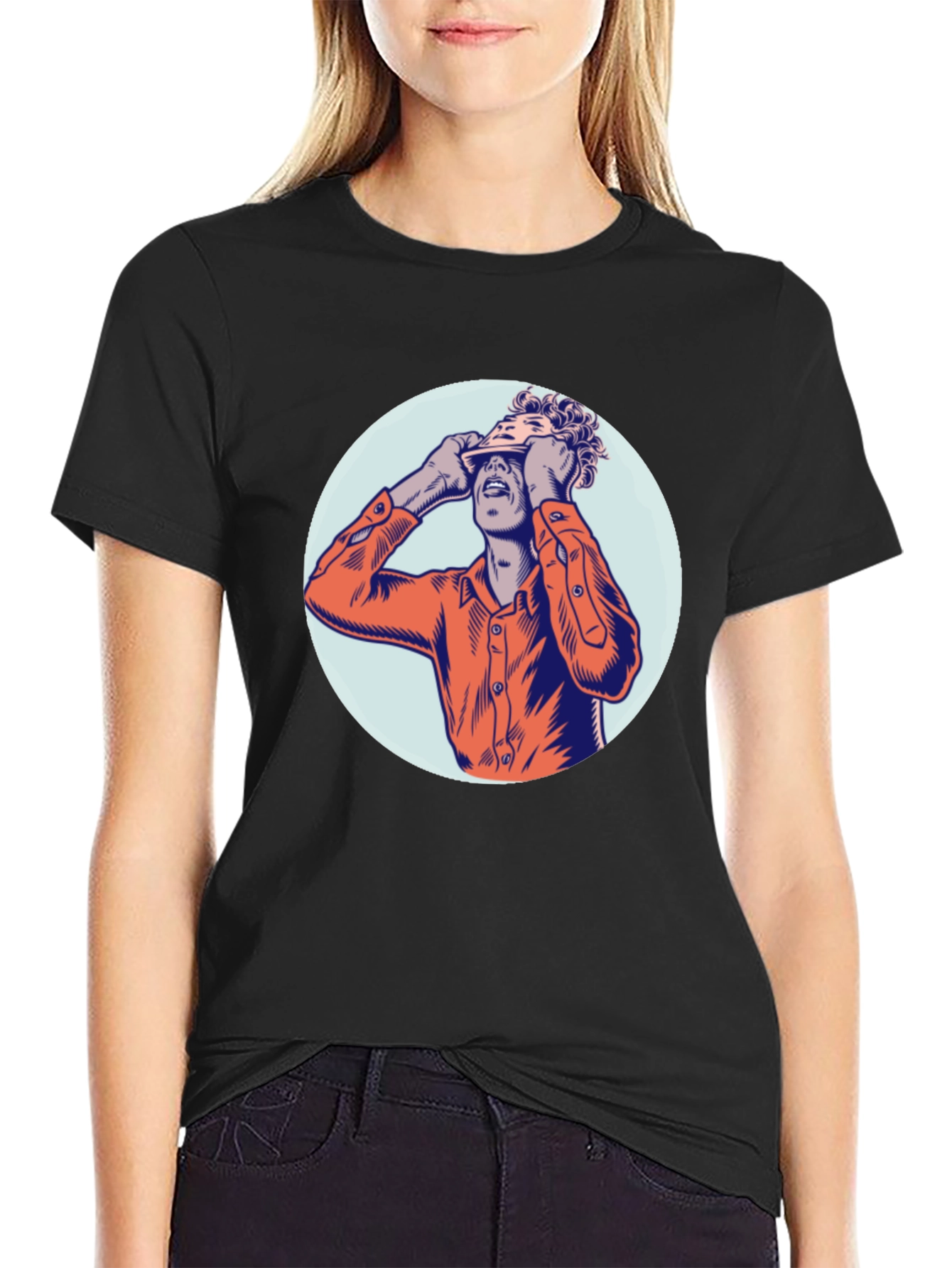 Black Graphic Print Crew Neck T-Shirt - Unique Design view 2