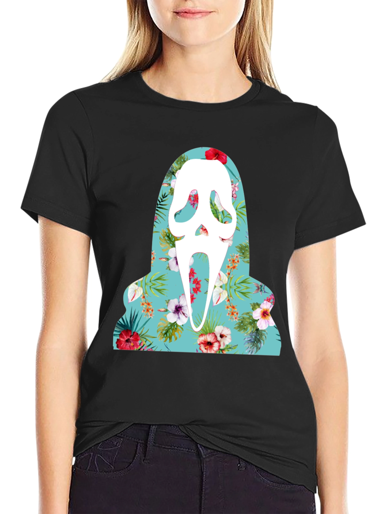 Black Floral Scream Ghost T-Shirt view 2