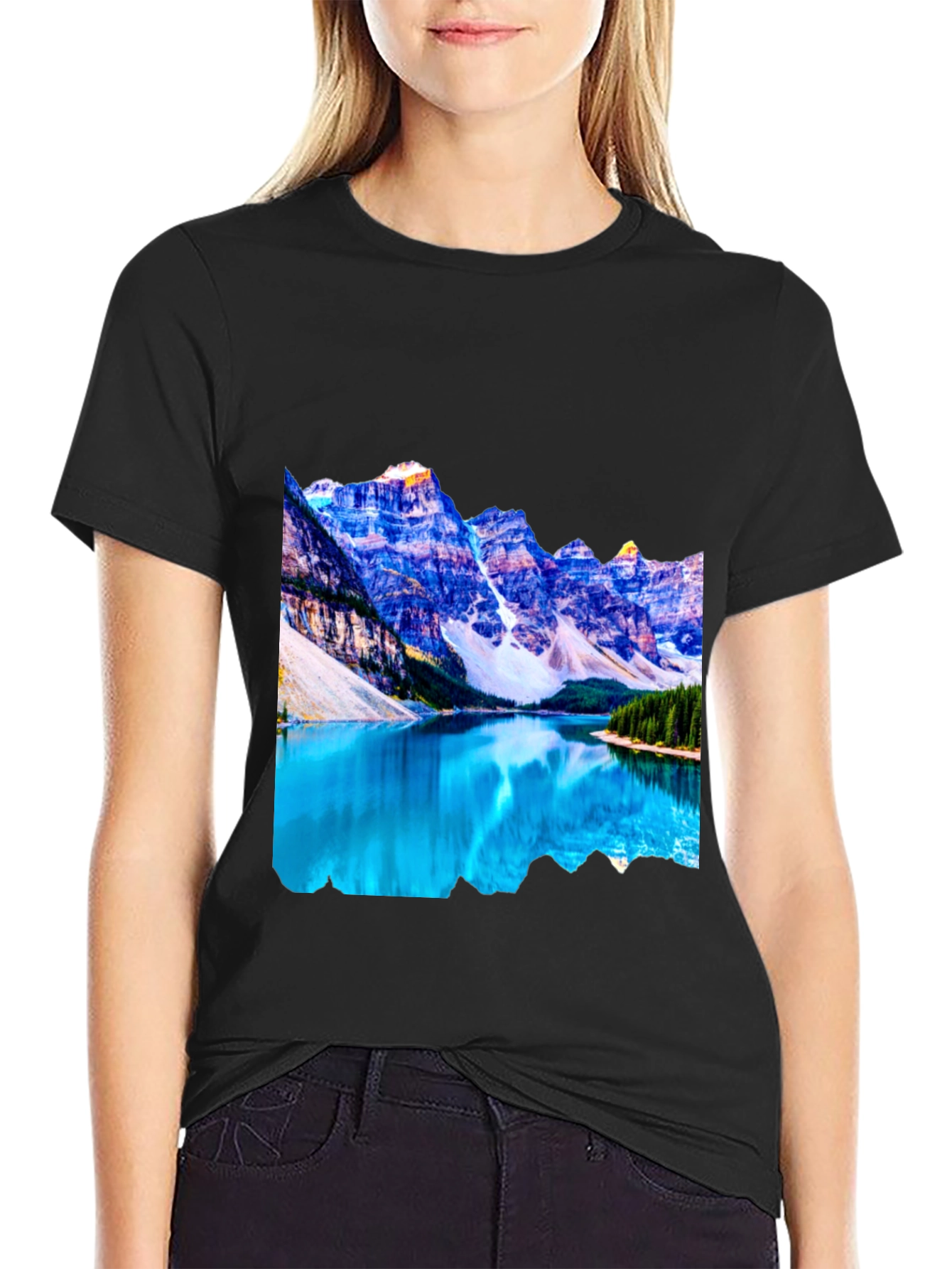 Black Mountain Lake Graphic Tee - Black Cotton Casual Shirt view 2