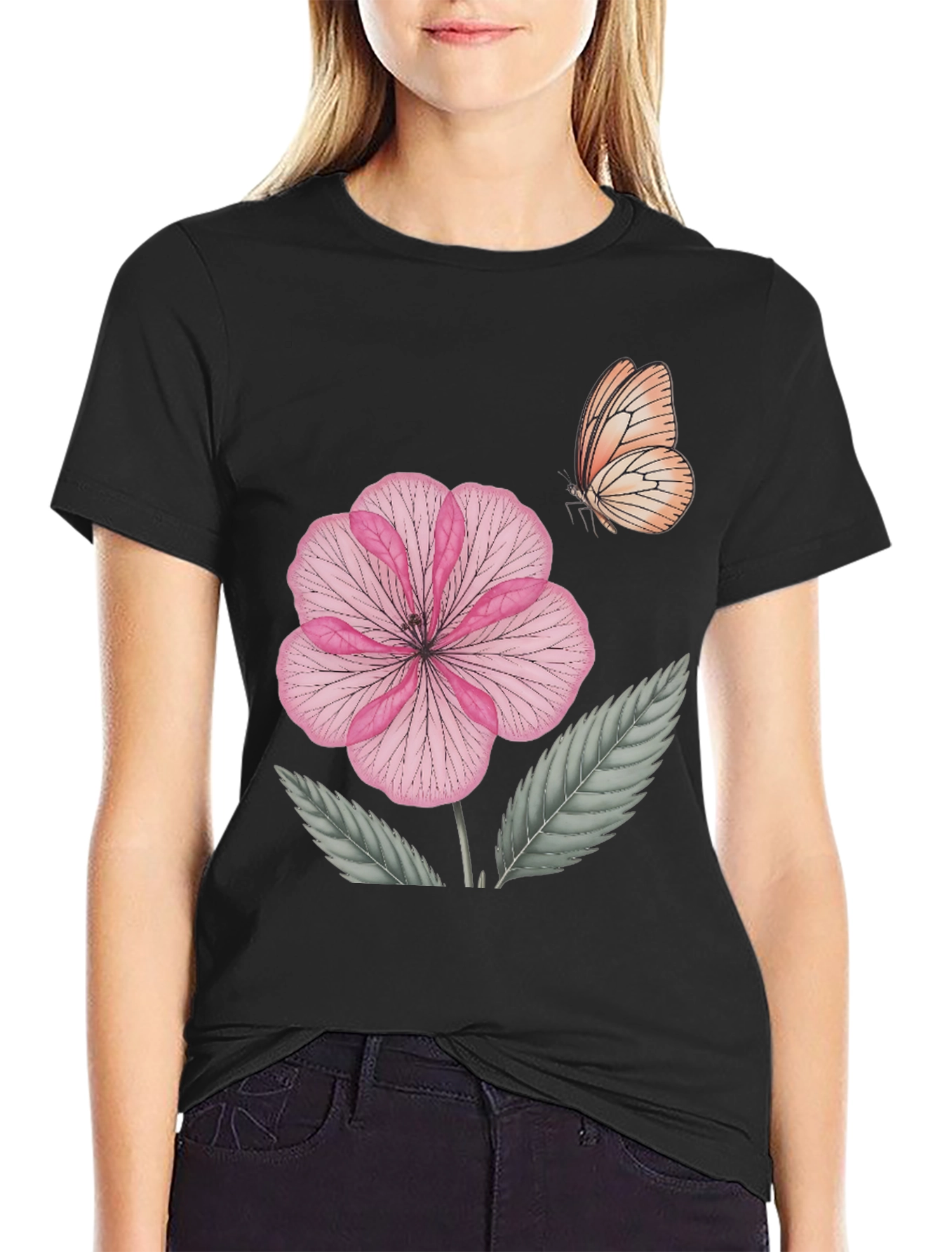Black Floral Butterfly Print Black T-Shirt view 2