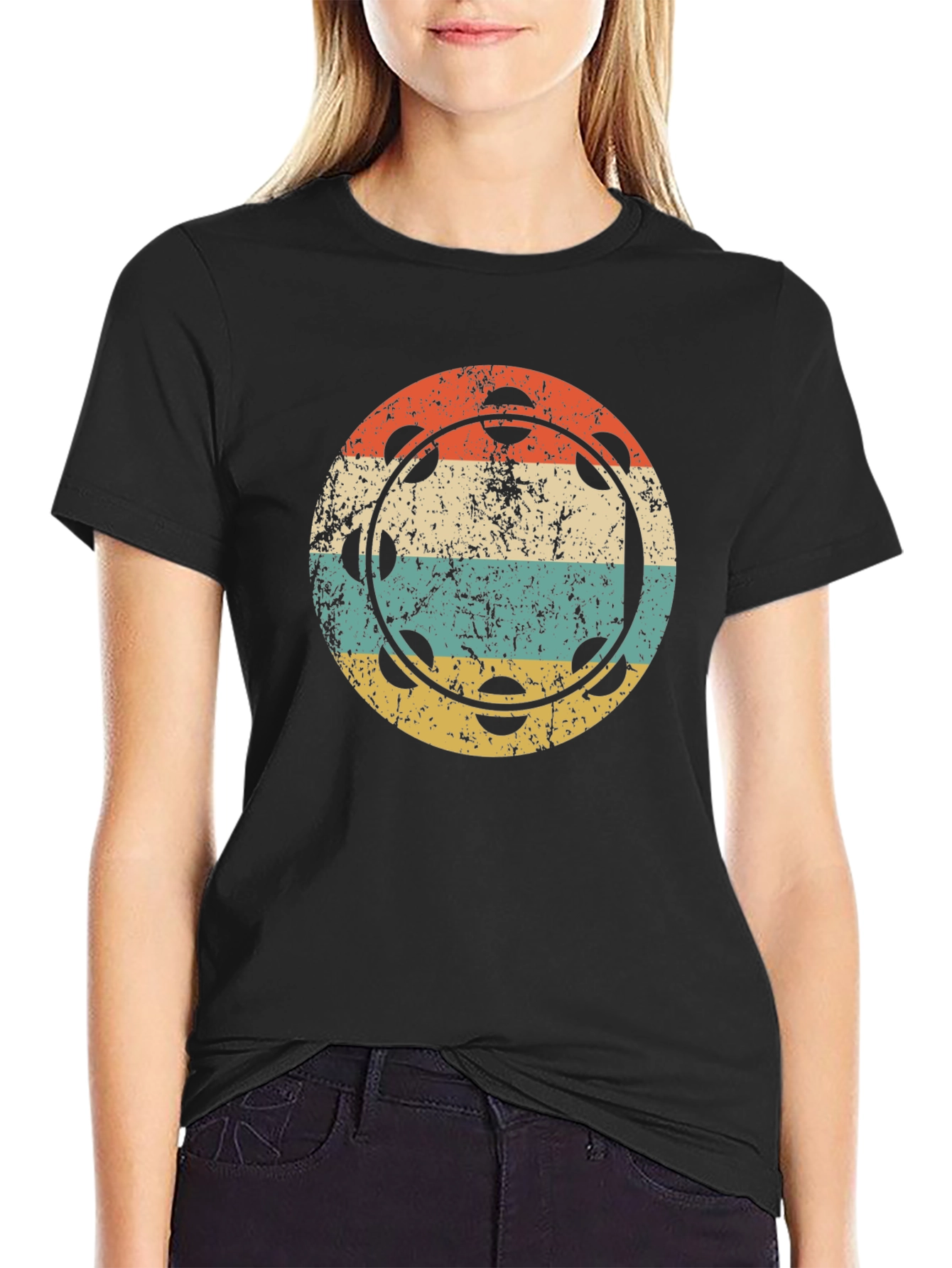 Black Retro Tambourine Music T-Shirt view 2