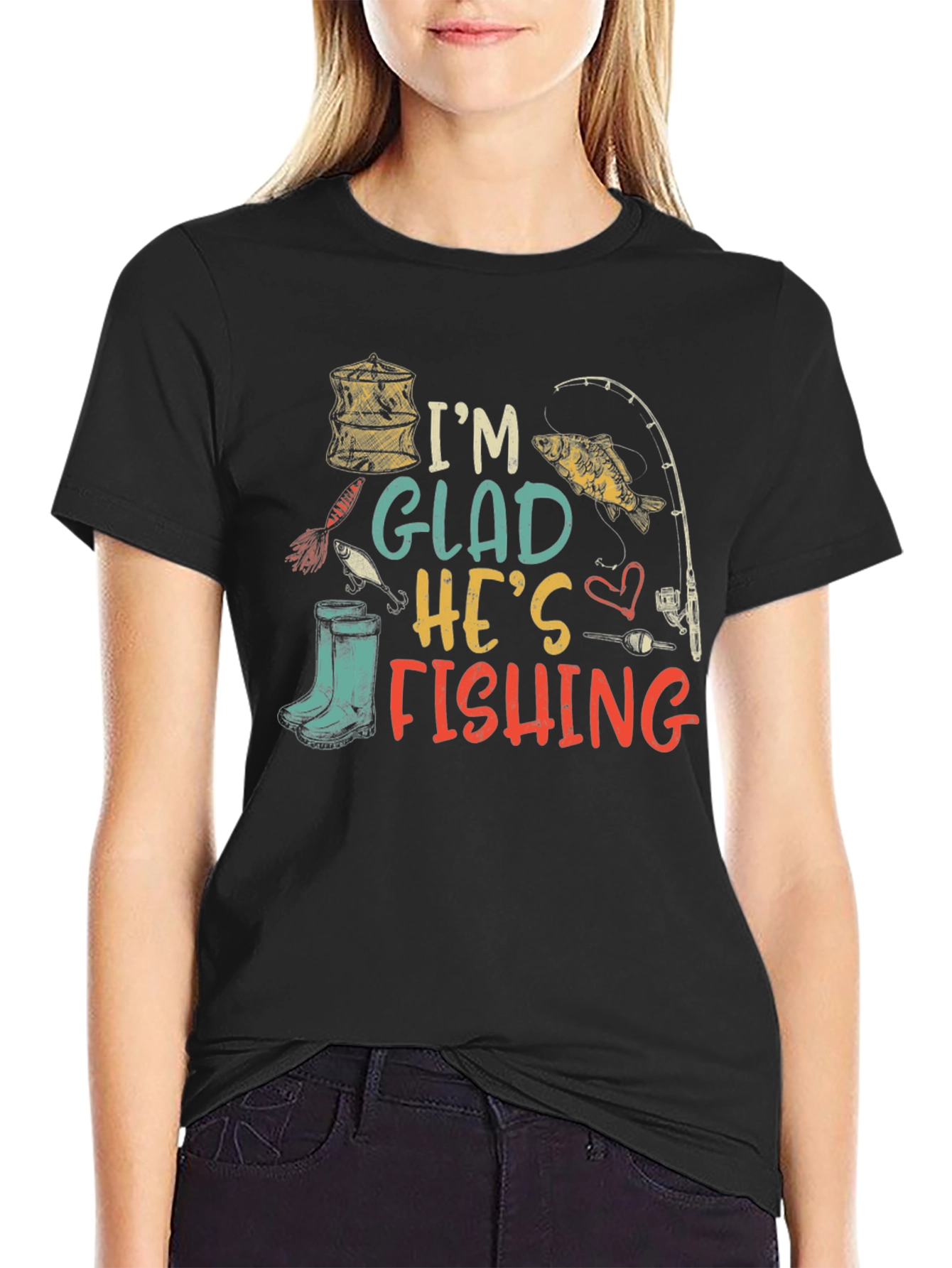 Black I'm Glad He's Fishing Graphic T-Shirt view 2