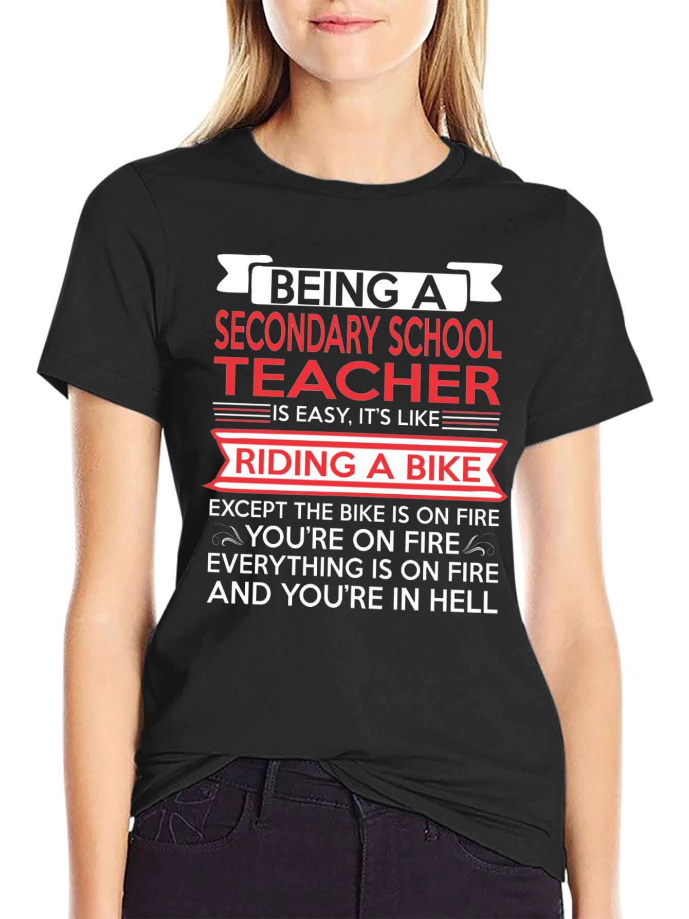 Black Secondary School Teacher T-Shirt: Riding a Bike in Hell view 2