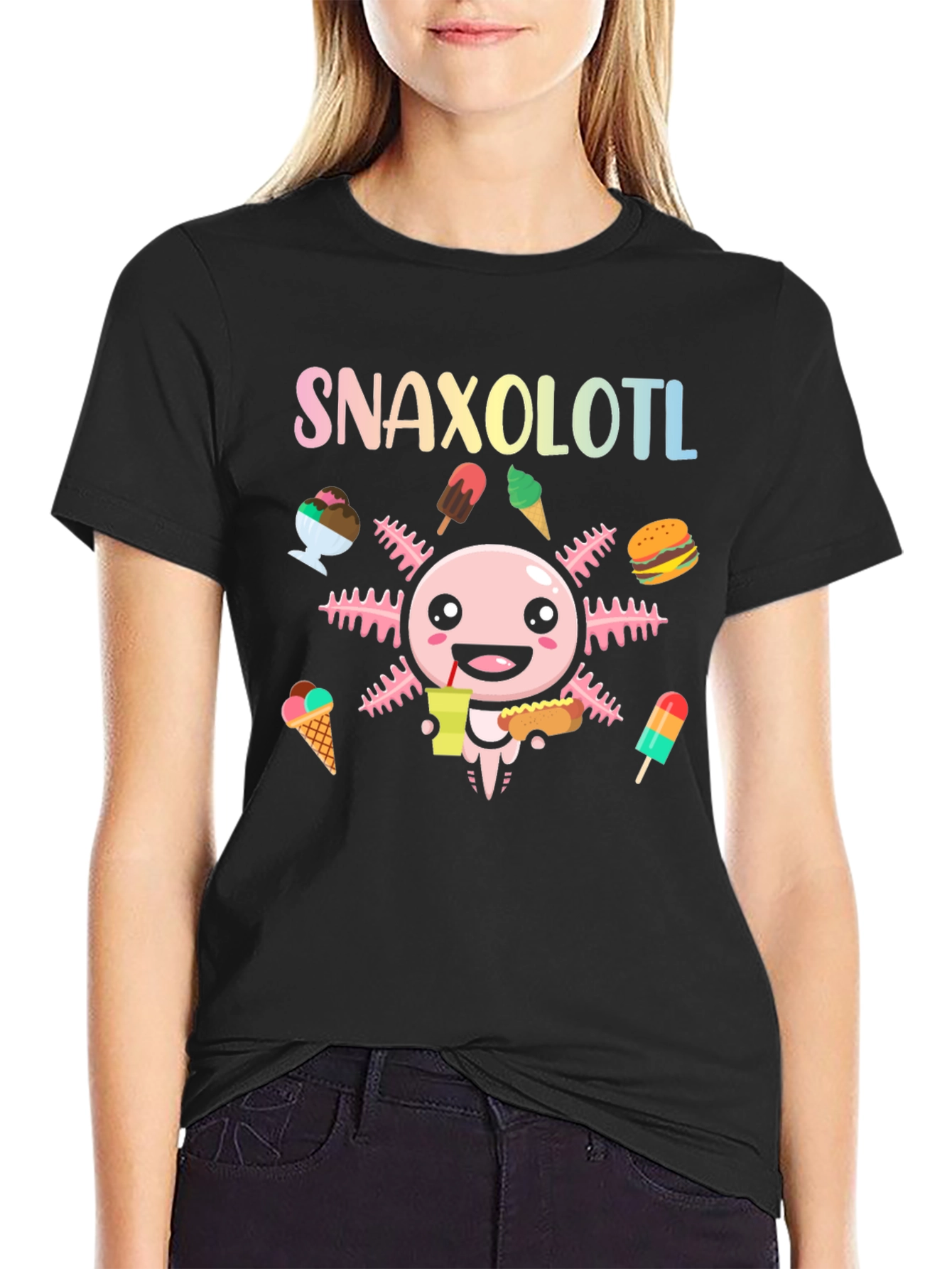 Black Snaxolotl Axolotl Food Lover T-Shirt view 2