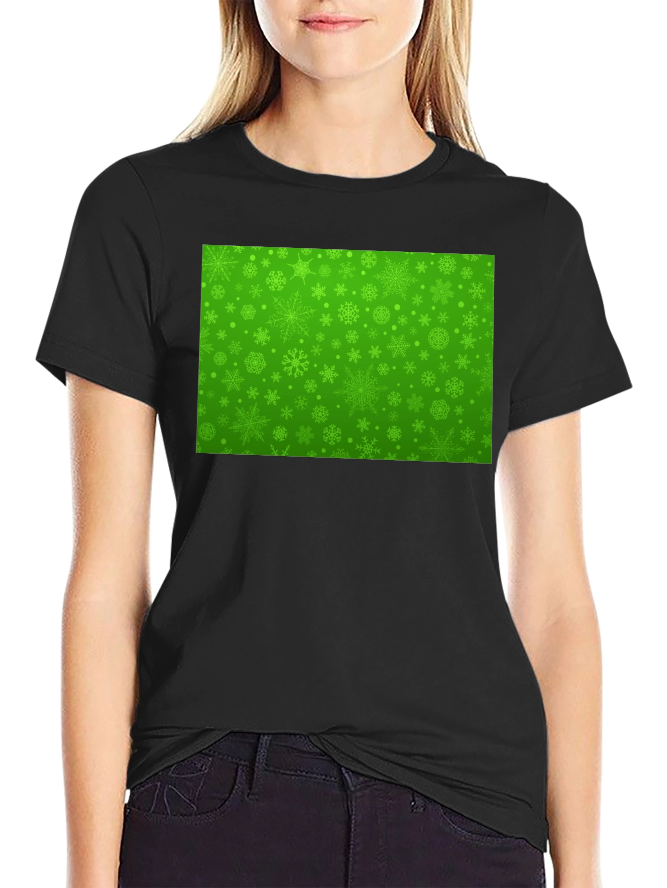Black Green Snowflake Pattern Black T-Shirt view 2