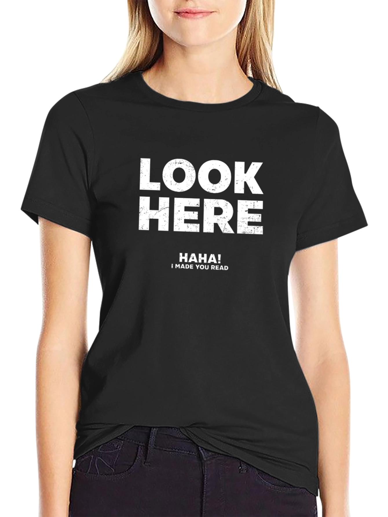 Black Funny "Look Here" Graphic Tee - Comfortable Black T-Shirt view 2