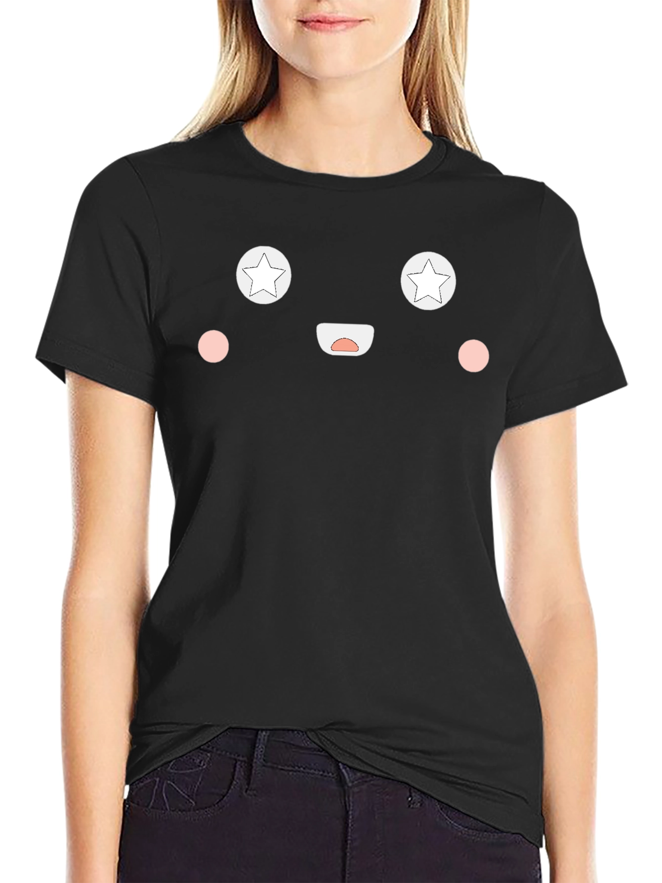 Black Fun Face Black T-Shirt - Star Eyes, Cute Smile view 2