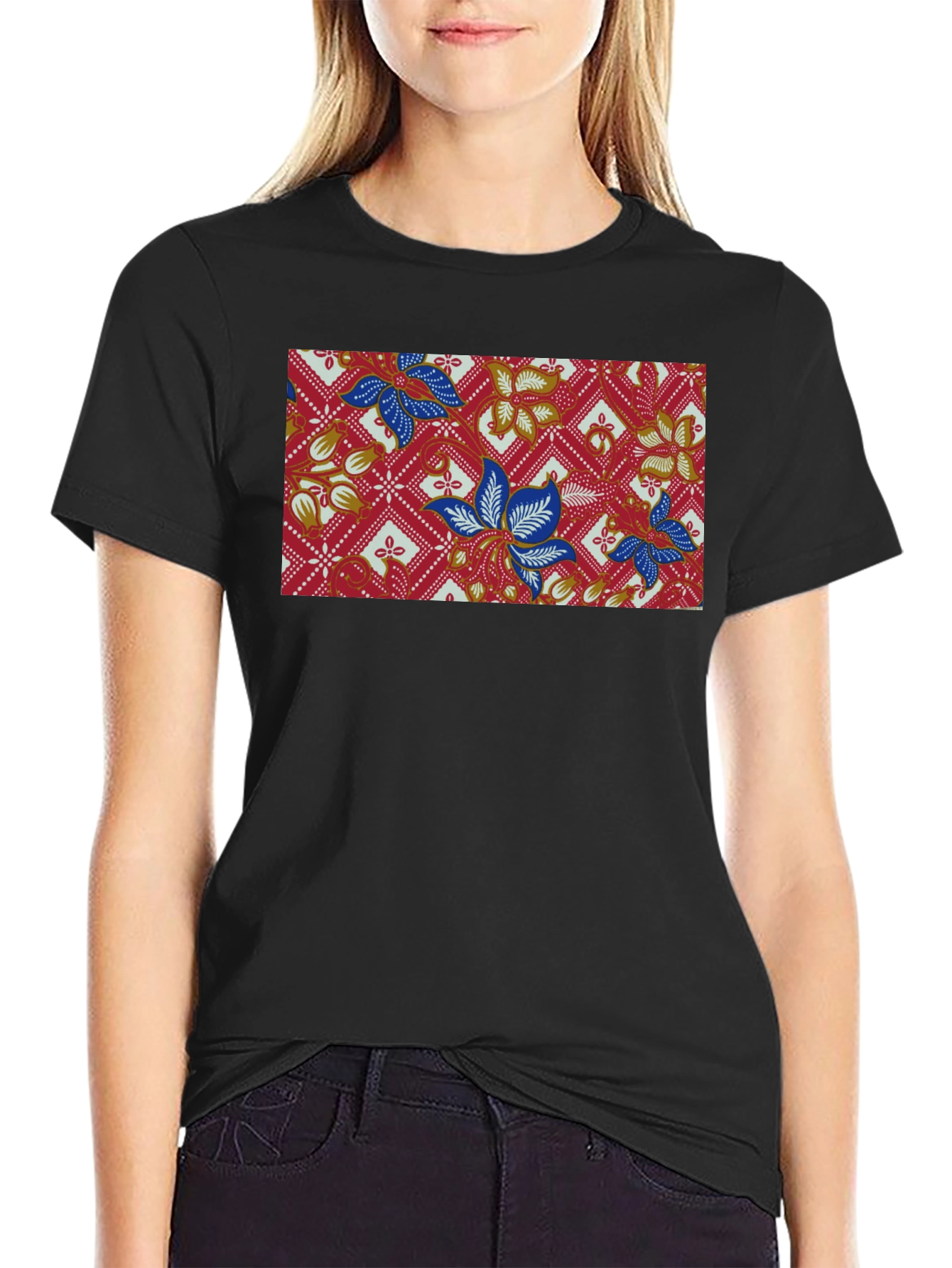 Black Batik Floral Pattern Black T-Shirt view 2