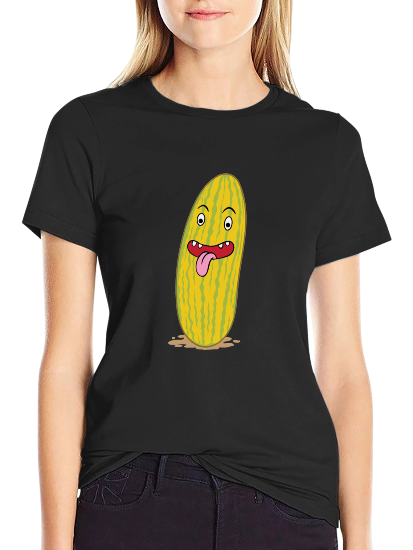 Black Funny Cartoon Pickle Graphic Black T-Shirt view 2