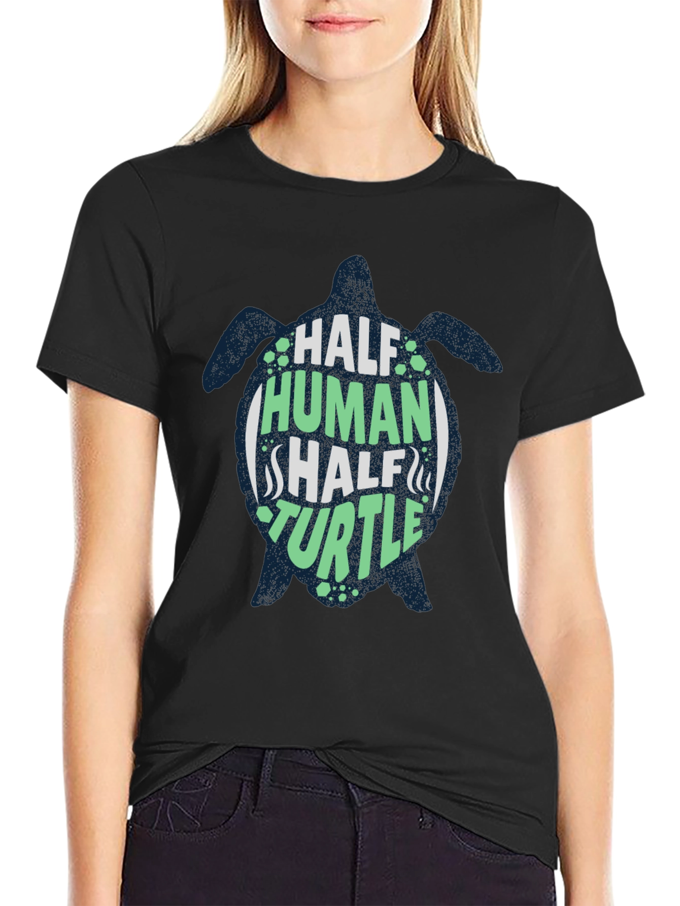 Black Half Human Half Turtle Black Graphic T-Shirt view 2