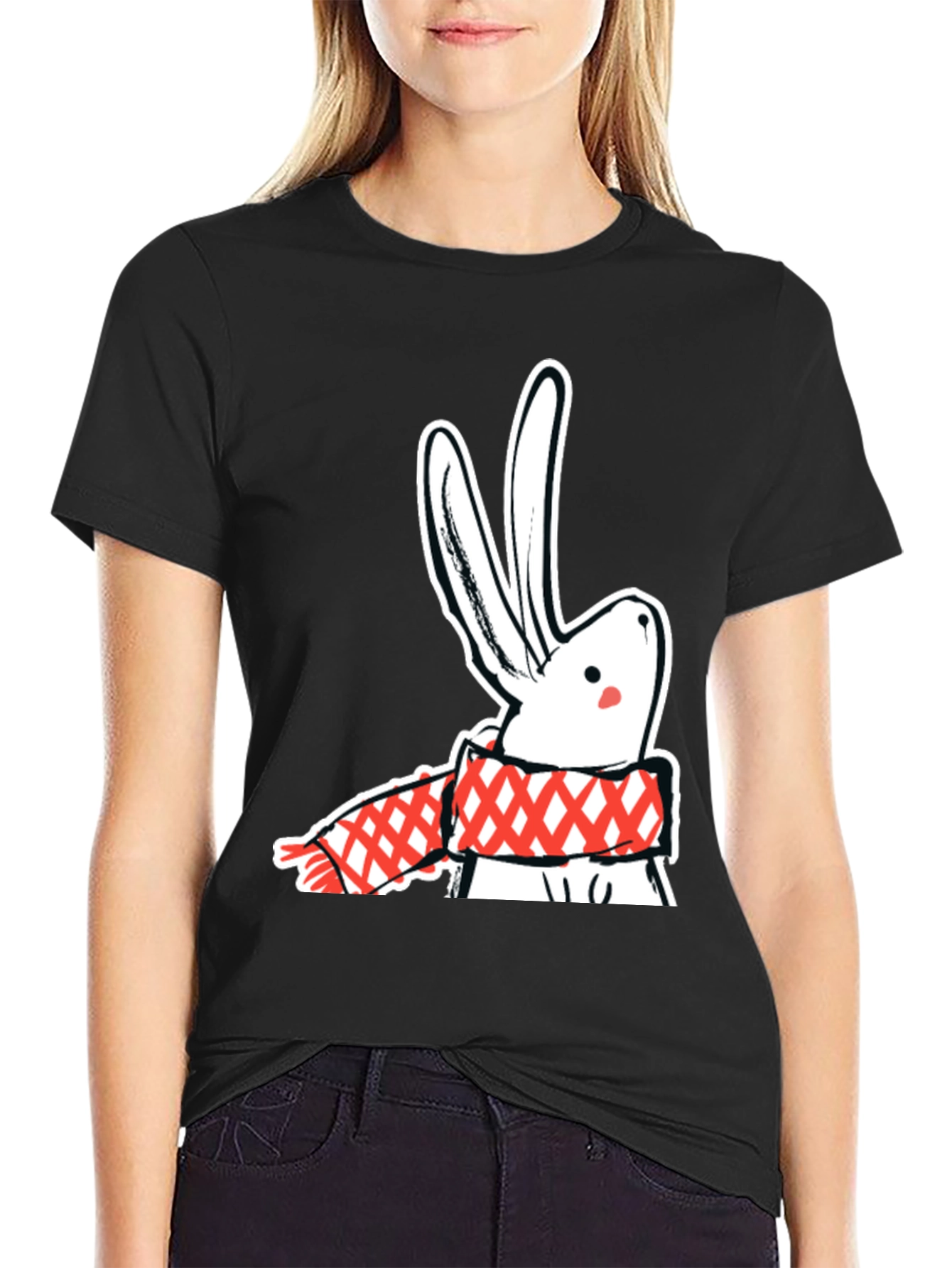Black Black T-Shirt with Rabbit & Scarf Graphic view 2