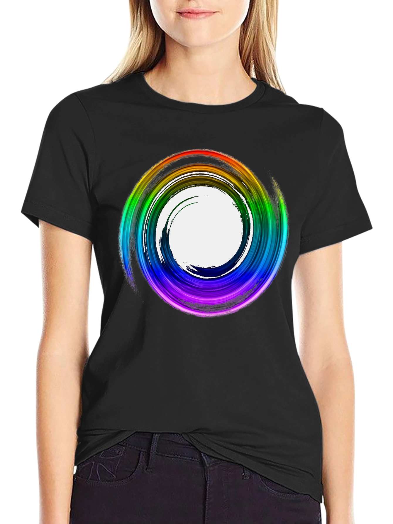 Black Rainbow Swirl Graphic Tee - Stylish Casual Top view 2