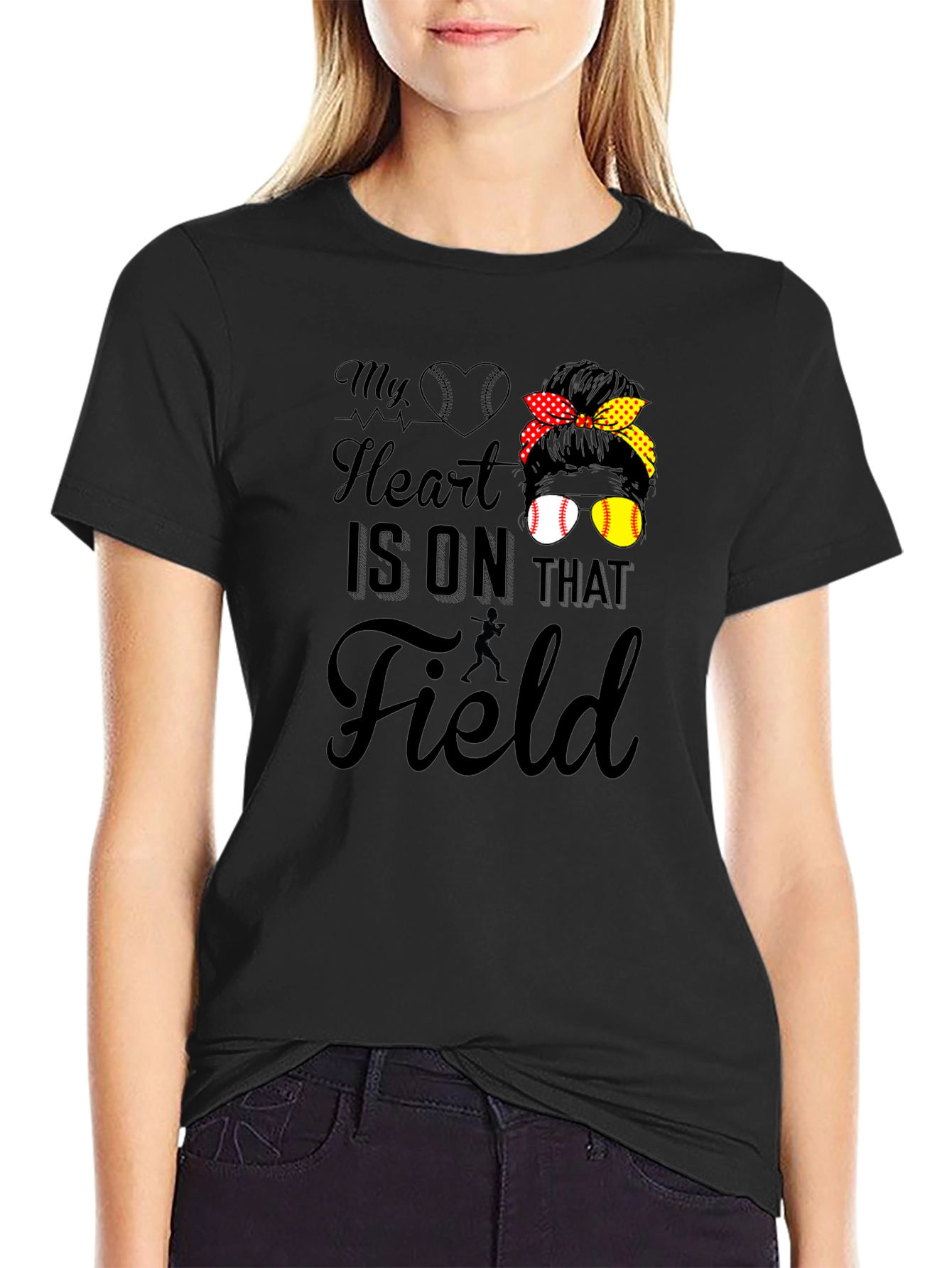 Black My Heart Is On That Field T-Shirt - Baseball Mom Tee view 2
