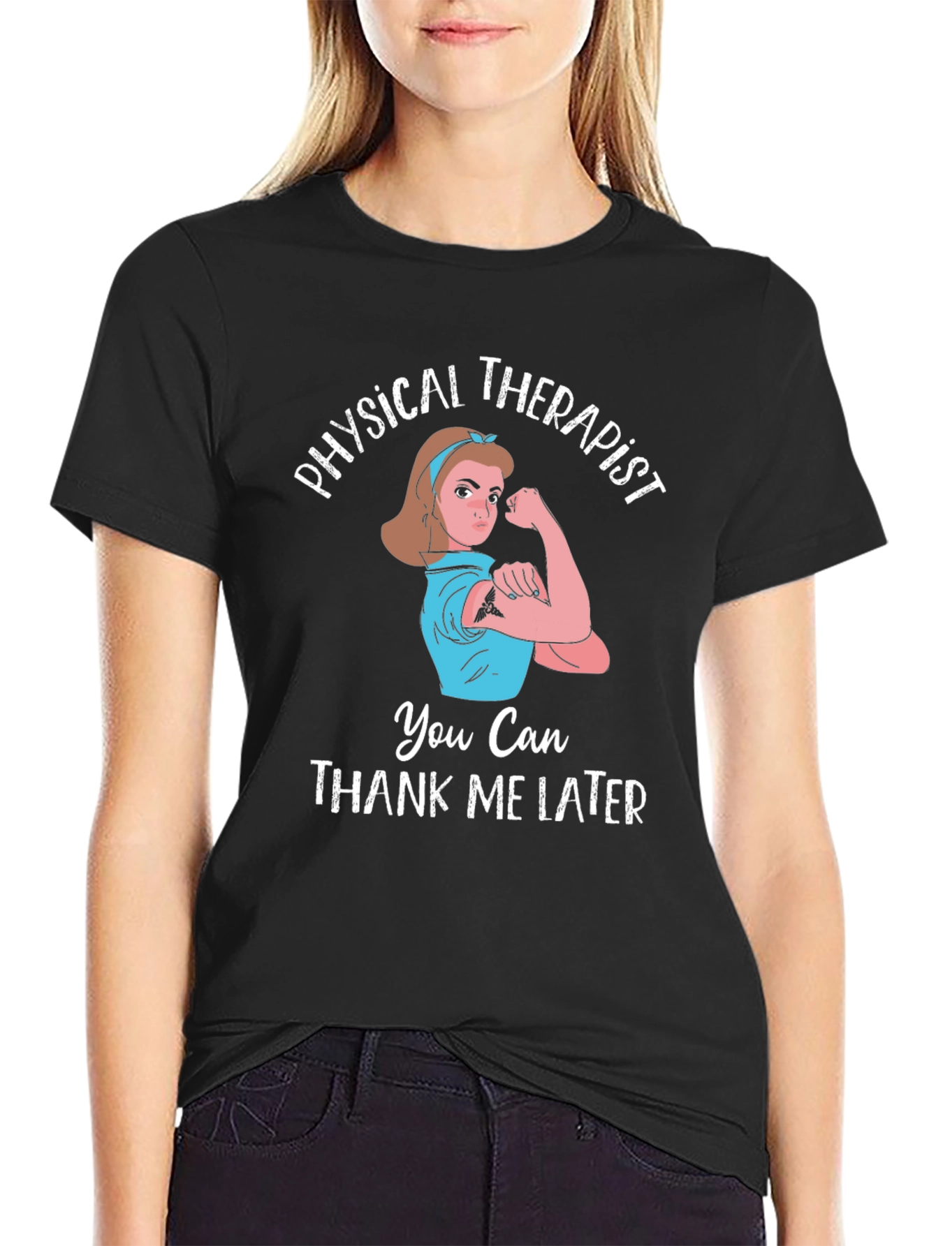 Black Physical Therapist T-Shirt | Rosie the Riveter Design view 2