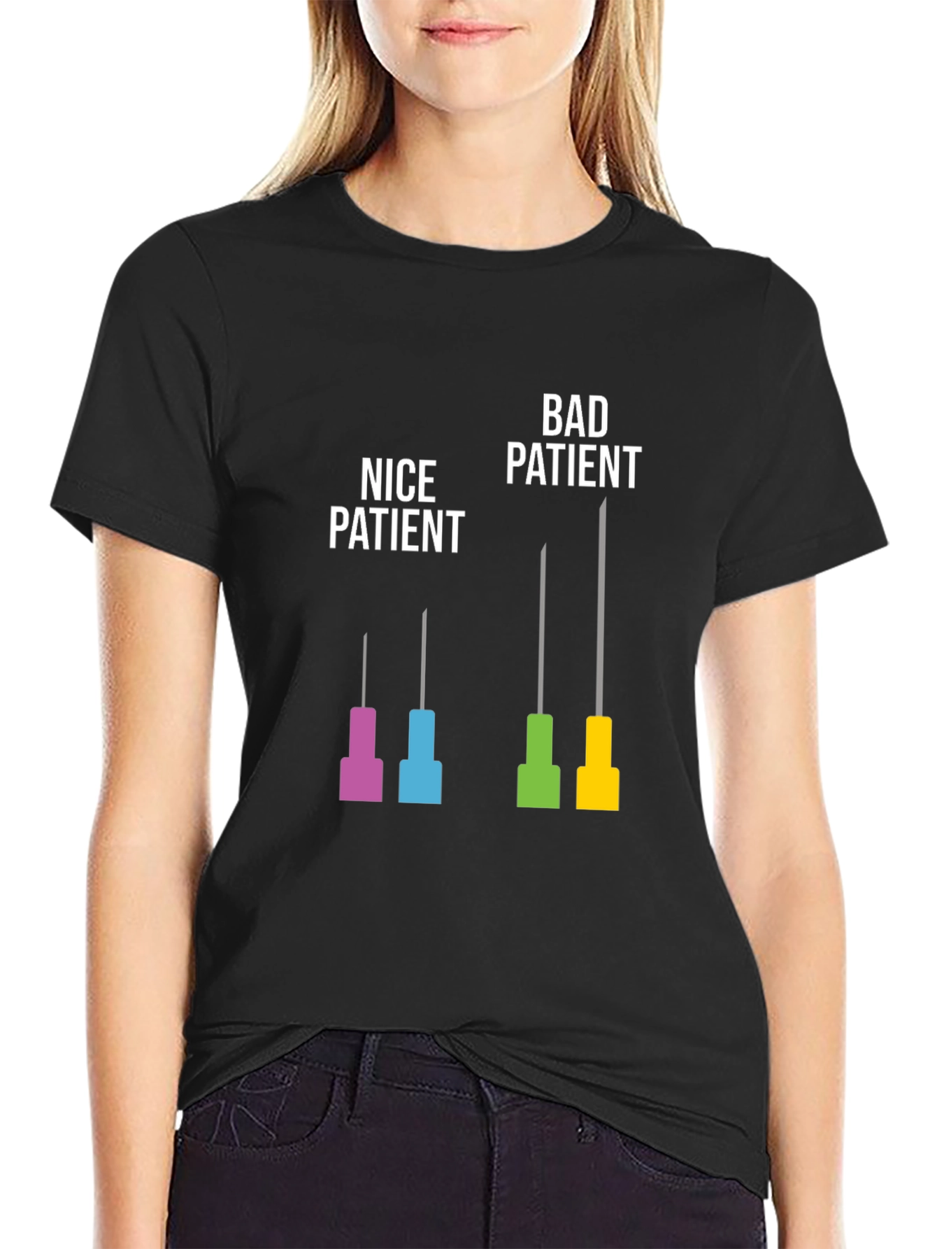 Black Funny Medical Humor T-Shirt: Nice vs. Bad Patient Needle Design view 2