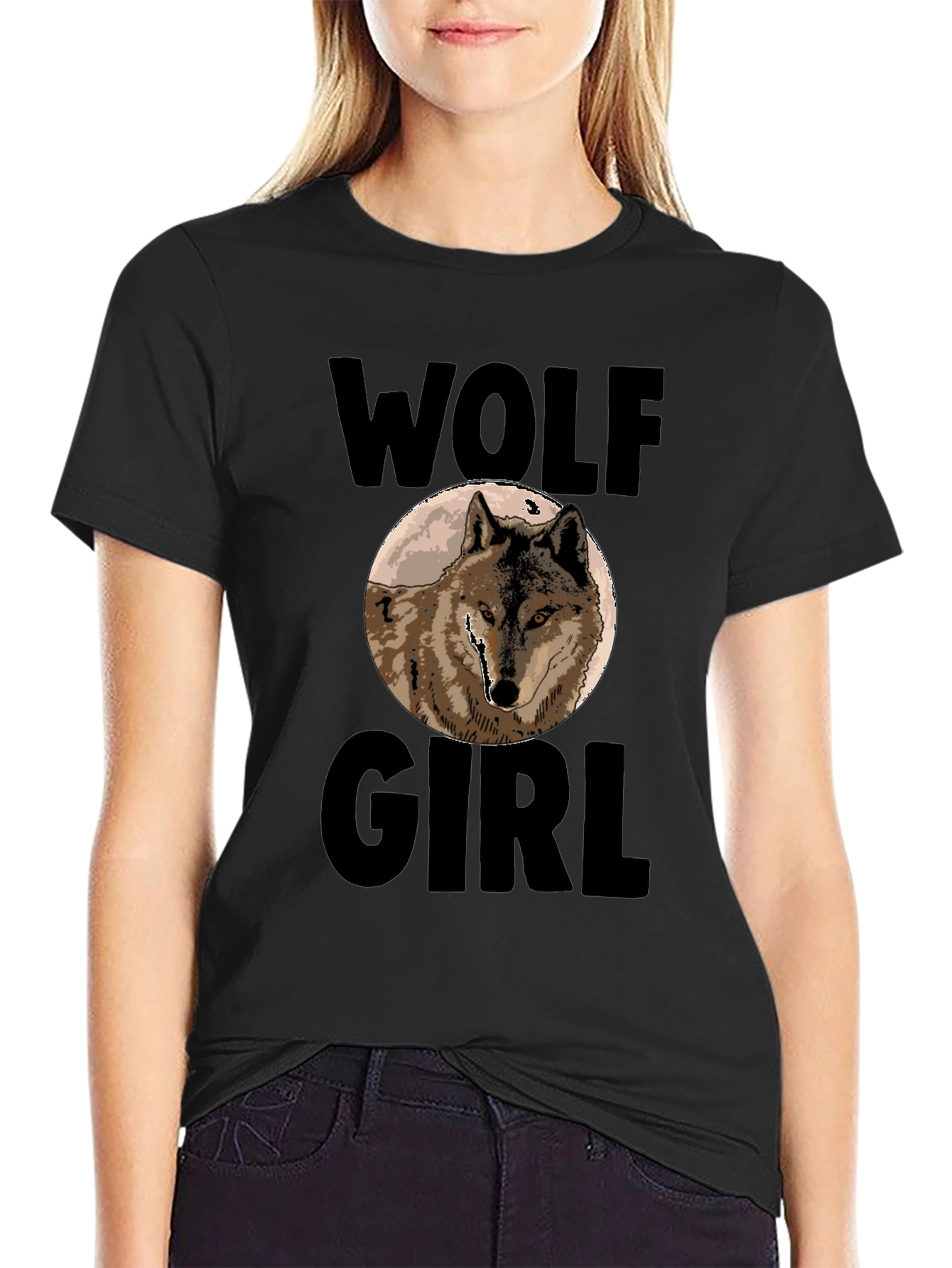 Black Wolf Girl Graphic Print T-Shirt - Black view 2