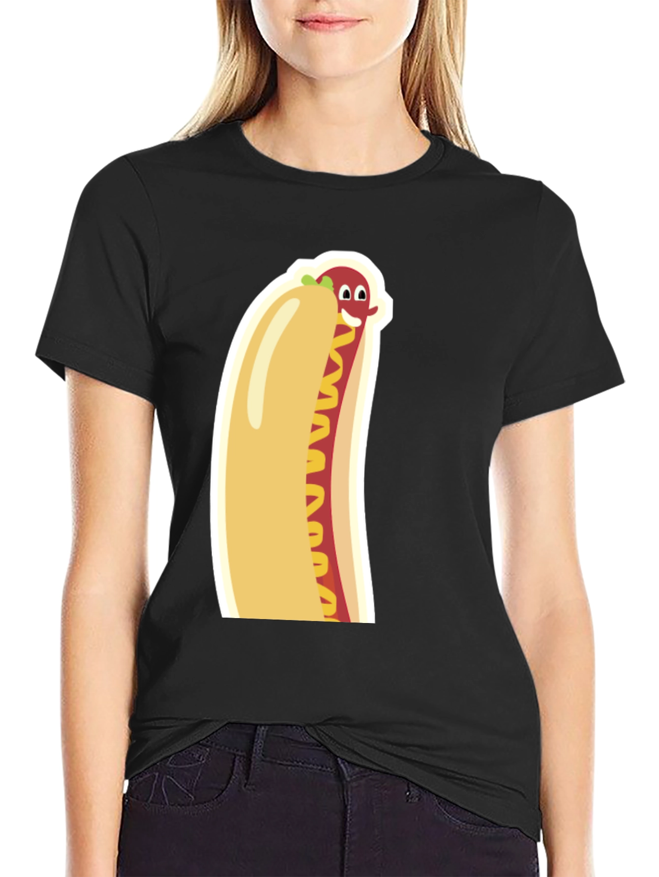 Black Funny Cartoon Hot Dog Graphic Tee - Unisex Black T-Shirt view 2