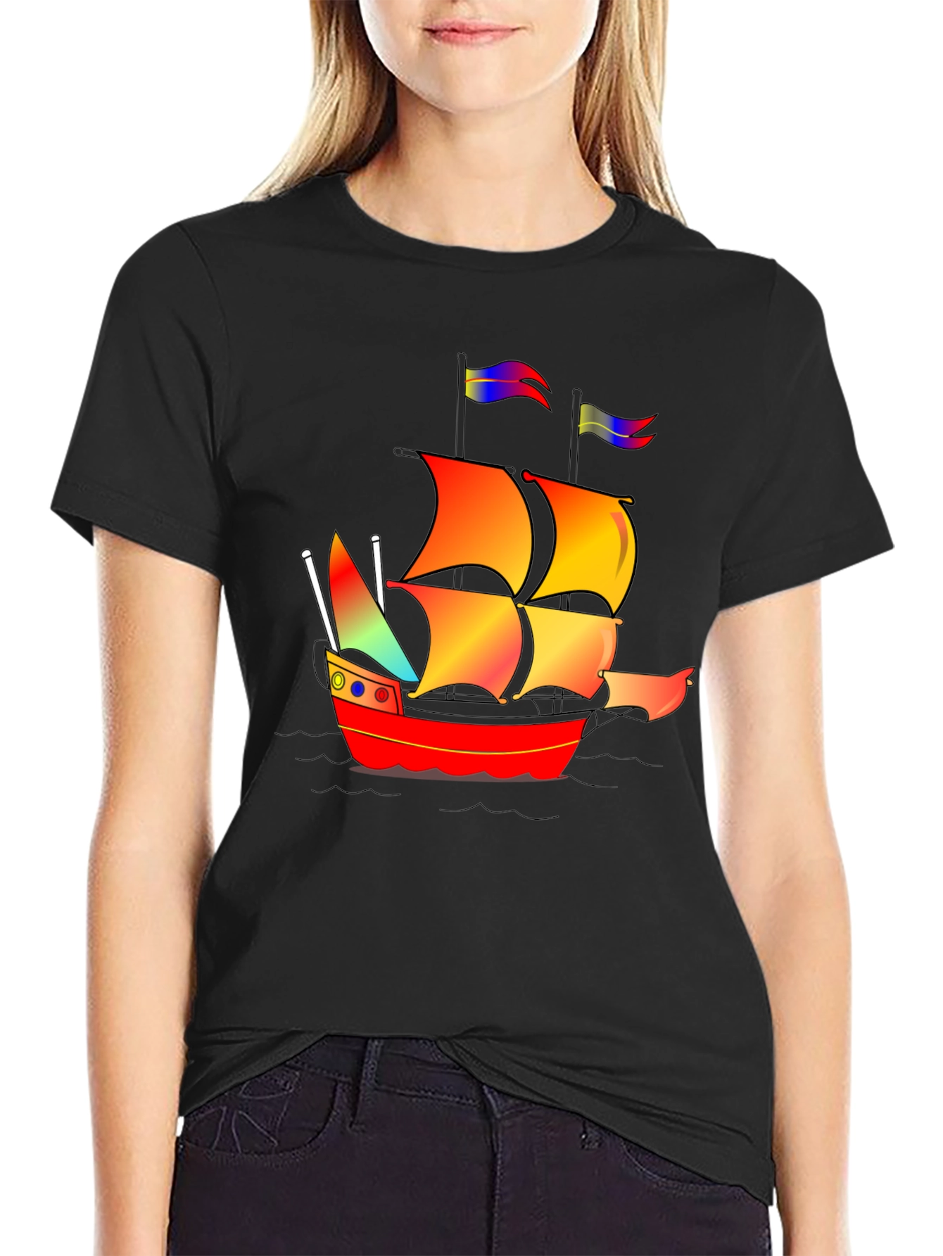 Black Colorful Pirate Ship Graphic Tee view 2