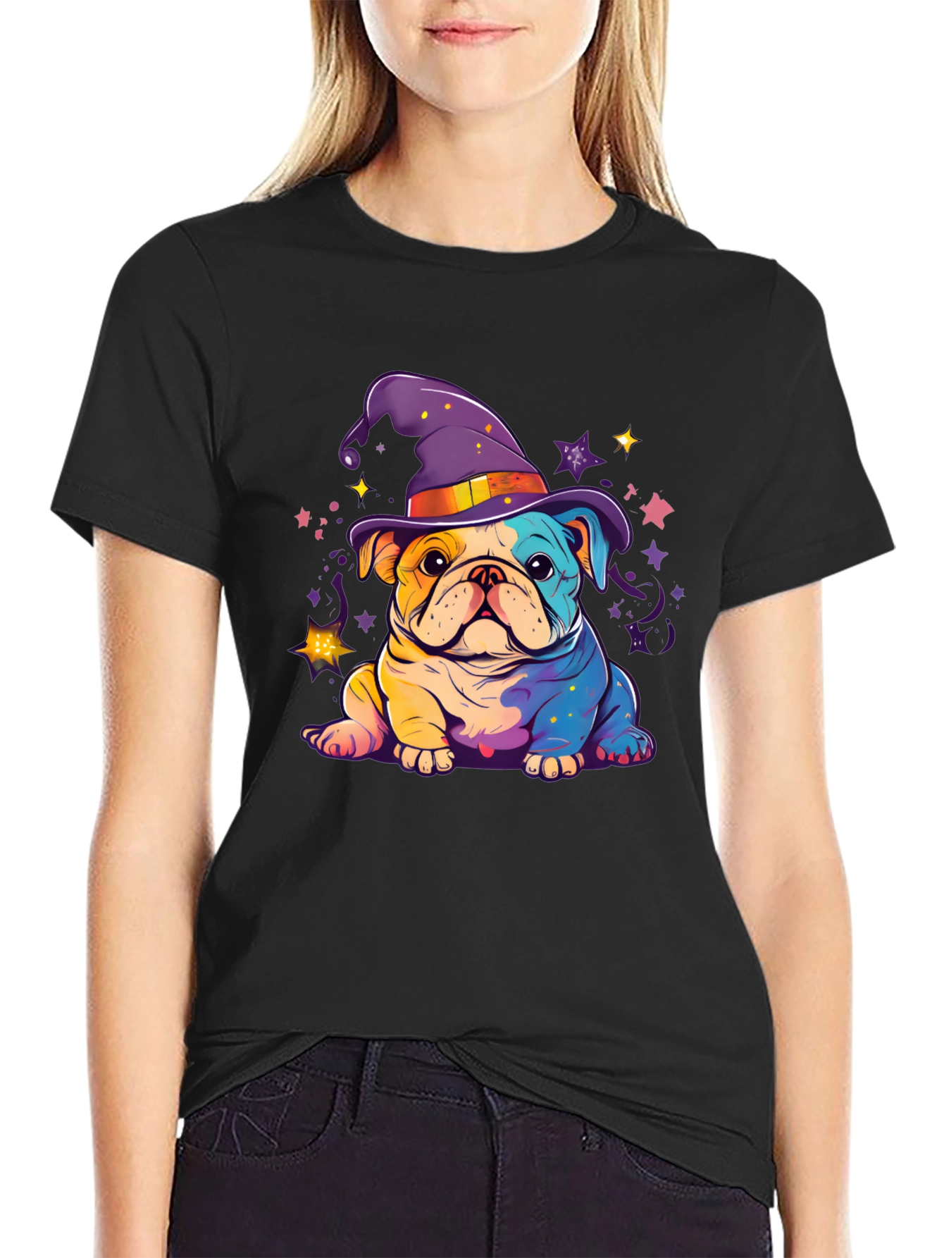 Black Bulldog Witch Hat T-Shirt view 2