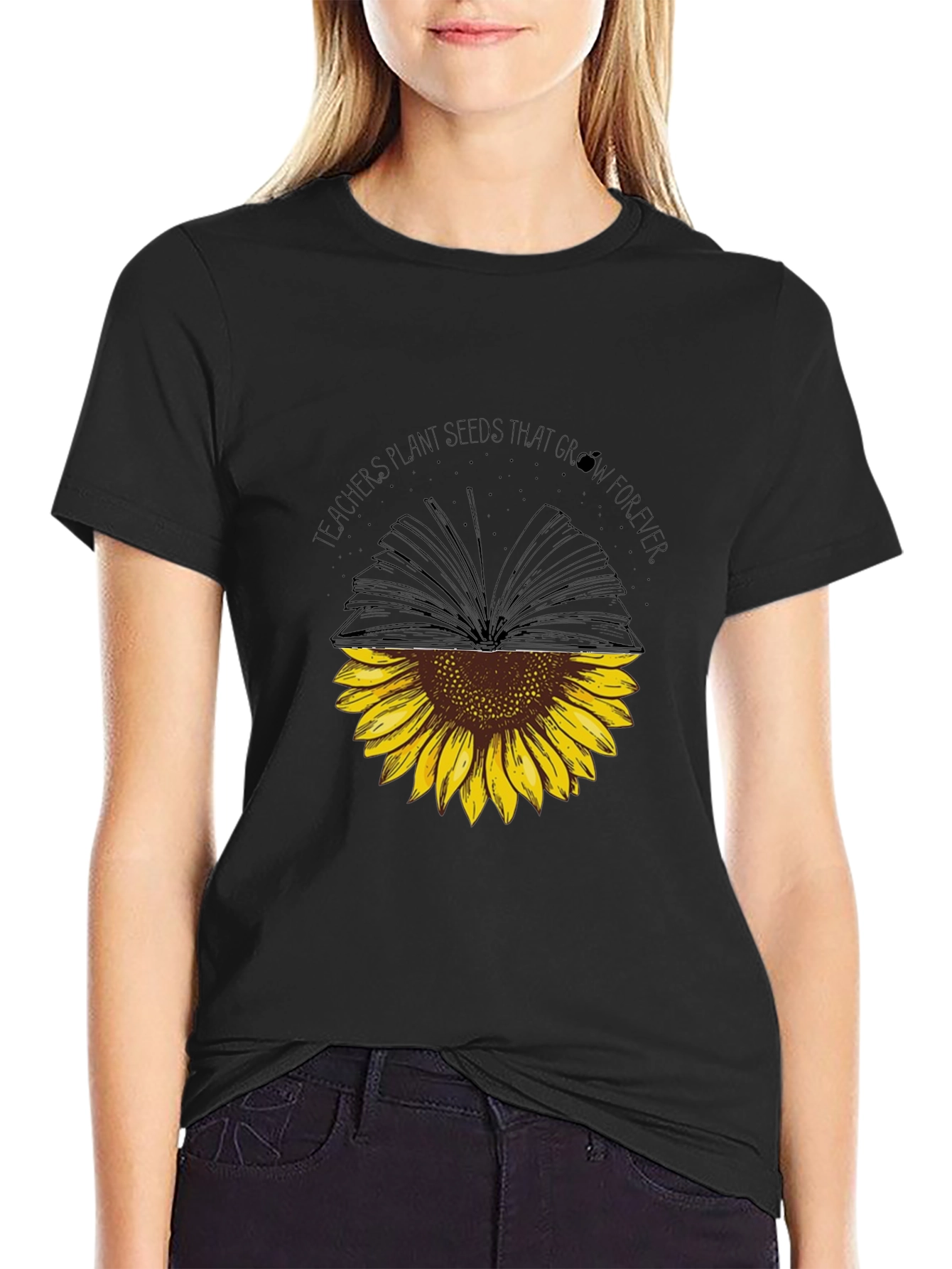 Black Teacher's Plant Seeds Sunflower Book T-Shirt view 2