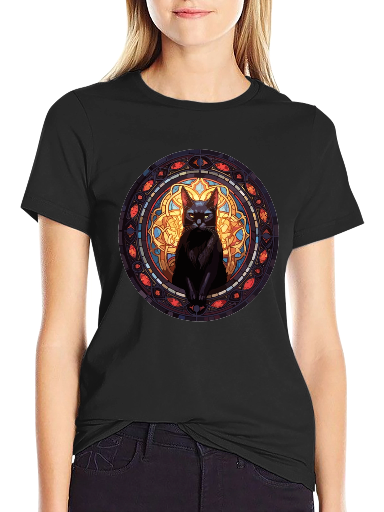 Black Stained Glass Cat Graphic Tee view 2