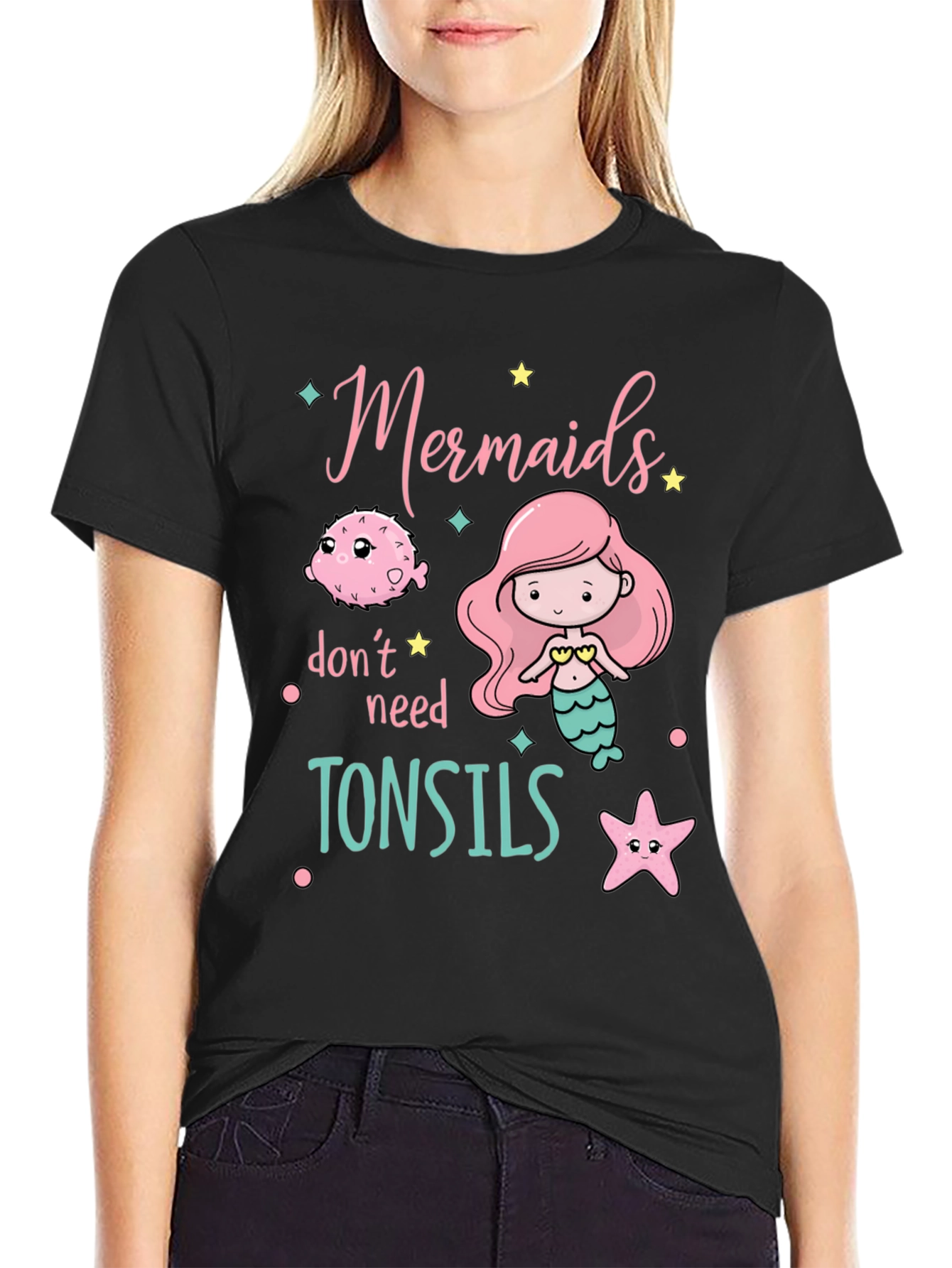 Black Mermaids Don't Need Tonsils Funny T-Shirt view 2