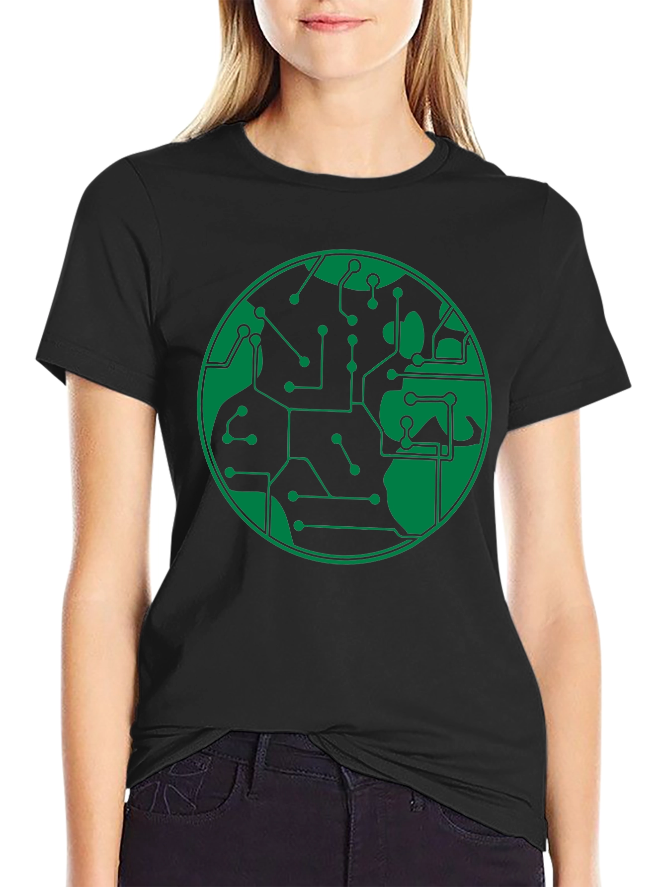 Black Circuit Board Earth Graphic T-Shirt - Black view 2