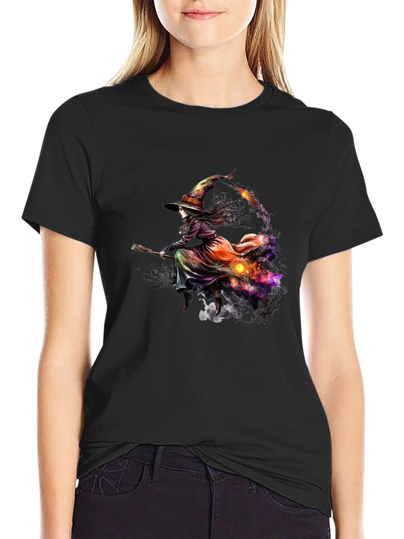 Black Witch Broom Halloween T-Shirt view 2