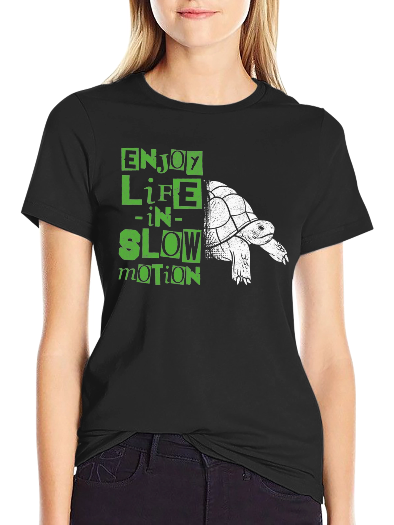 Black Enjoy Life in Slow Motion Turtle T-Shirt view 2