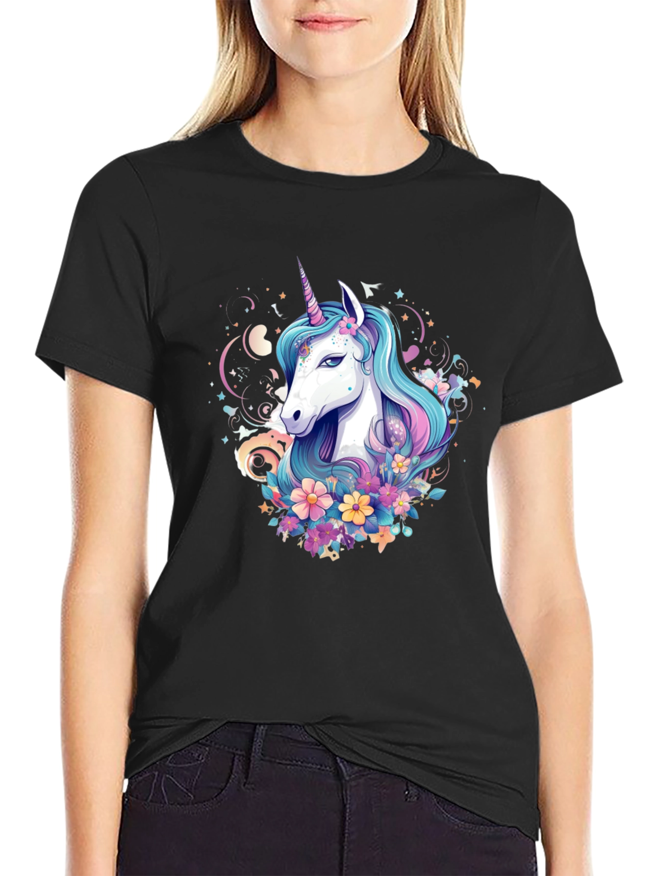 Black Unicorn Floral Graphic Tee - Black Cotton Blend view 2