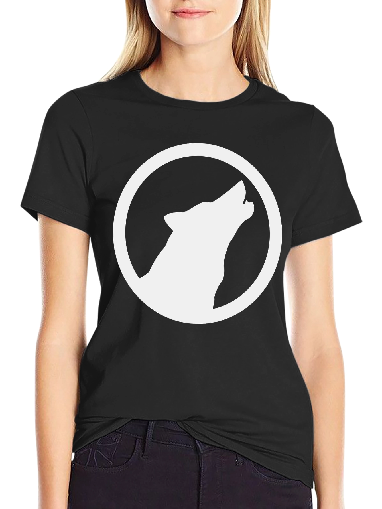 Black Wolf Circle Graphic T-Shirt - Black Cotton Tee view 2