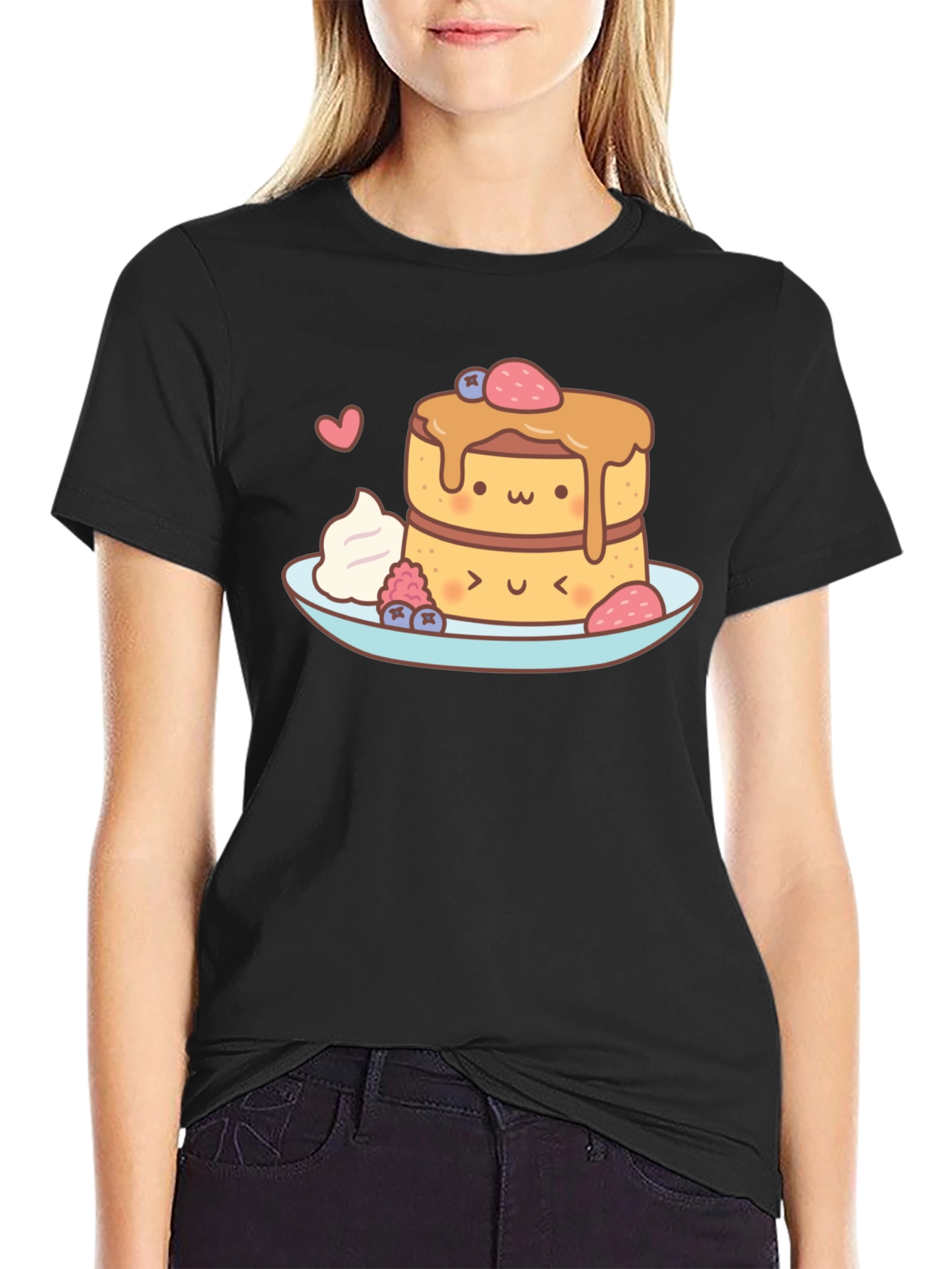 Black Kawaii Pancakes Graphic Tee - Sweet Treat Shirt view 2