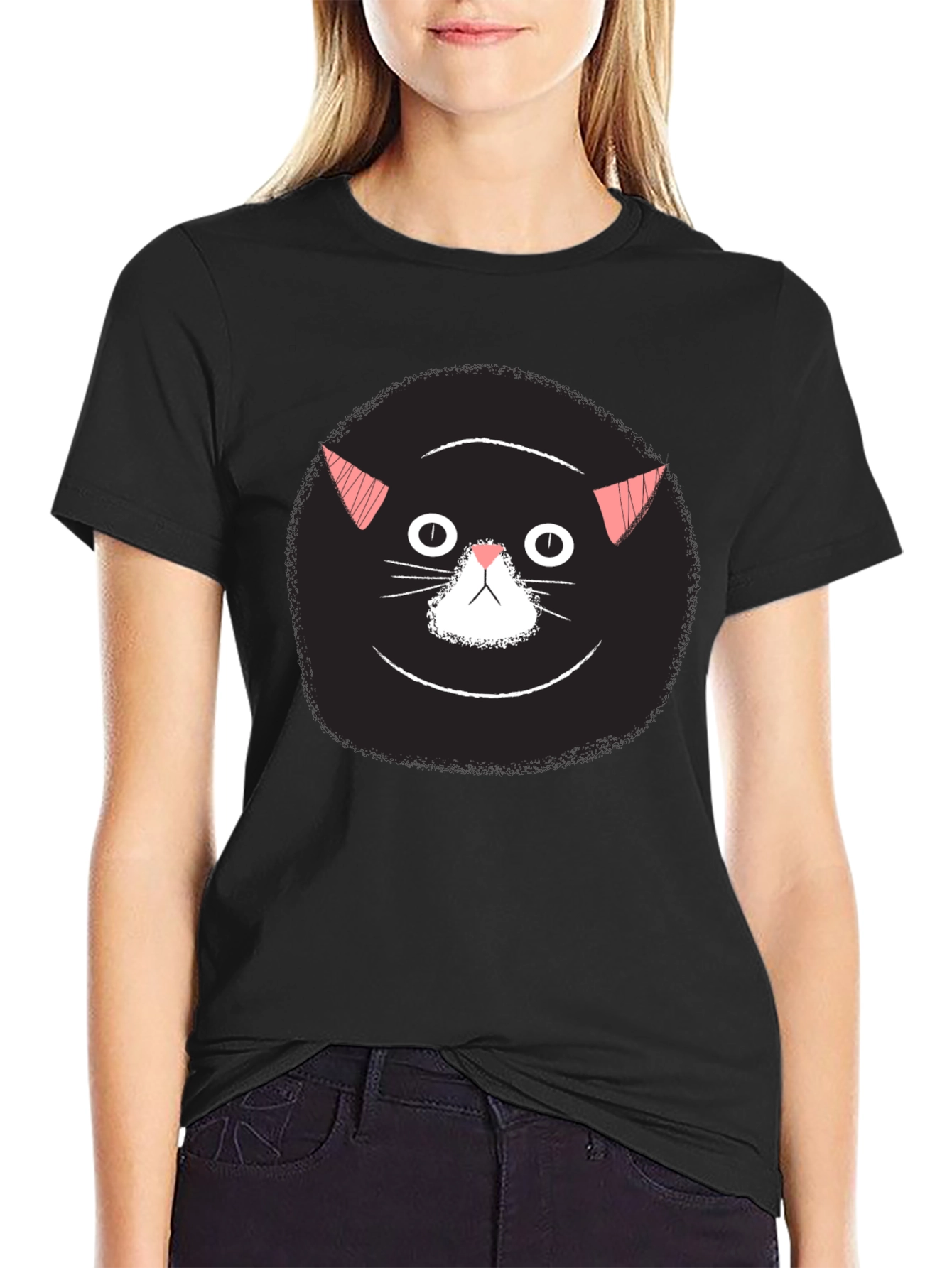 Black Funny Black Cat Face Graphic T-Shirt view 2